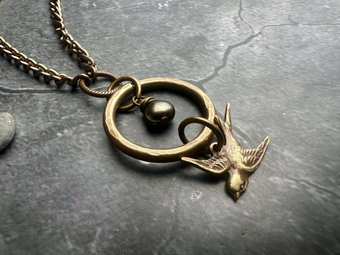 Enchanted Sparrow Pearl Necklace - Hammered Brass and Pearl