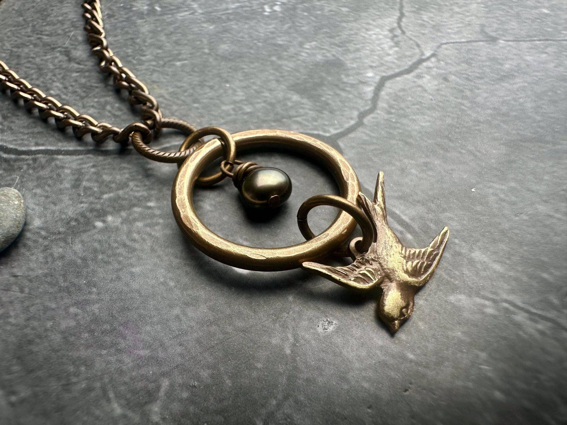 Enchanted Sparrow Pearl Necklace - Hammered Brass and Pearl