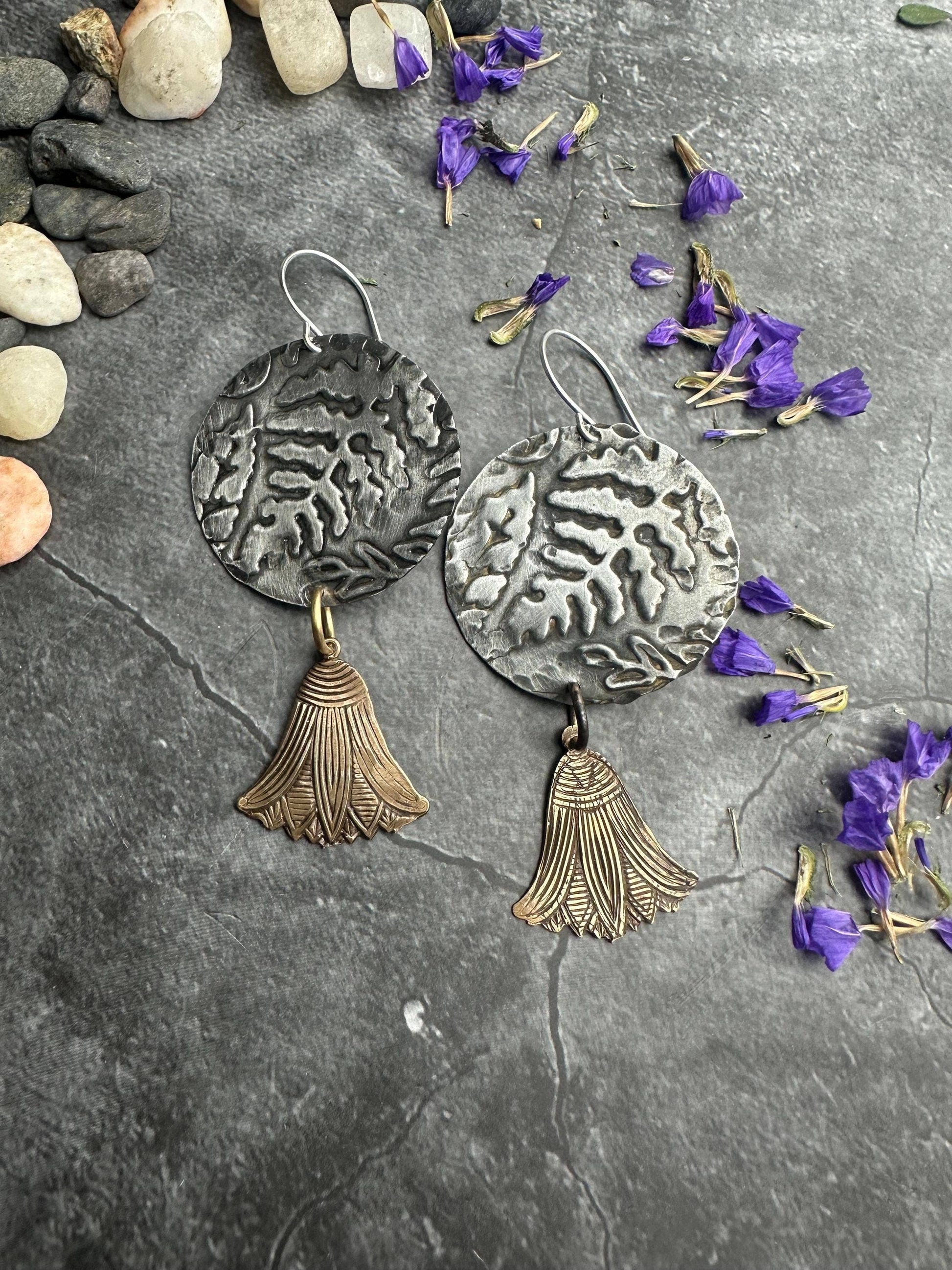 Embossed Fern Pewter Disc Earrings with Brass Drops