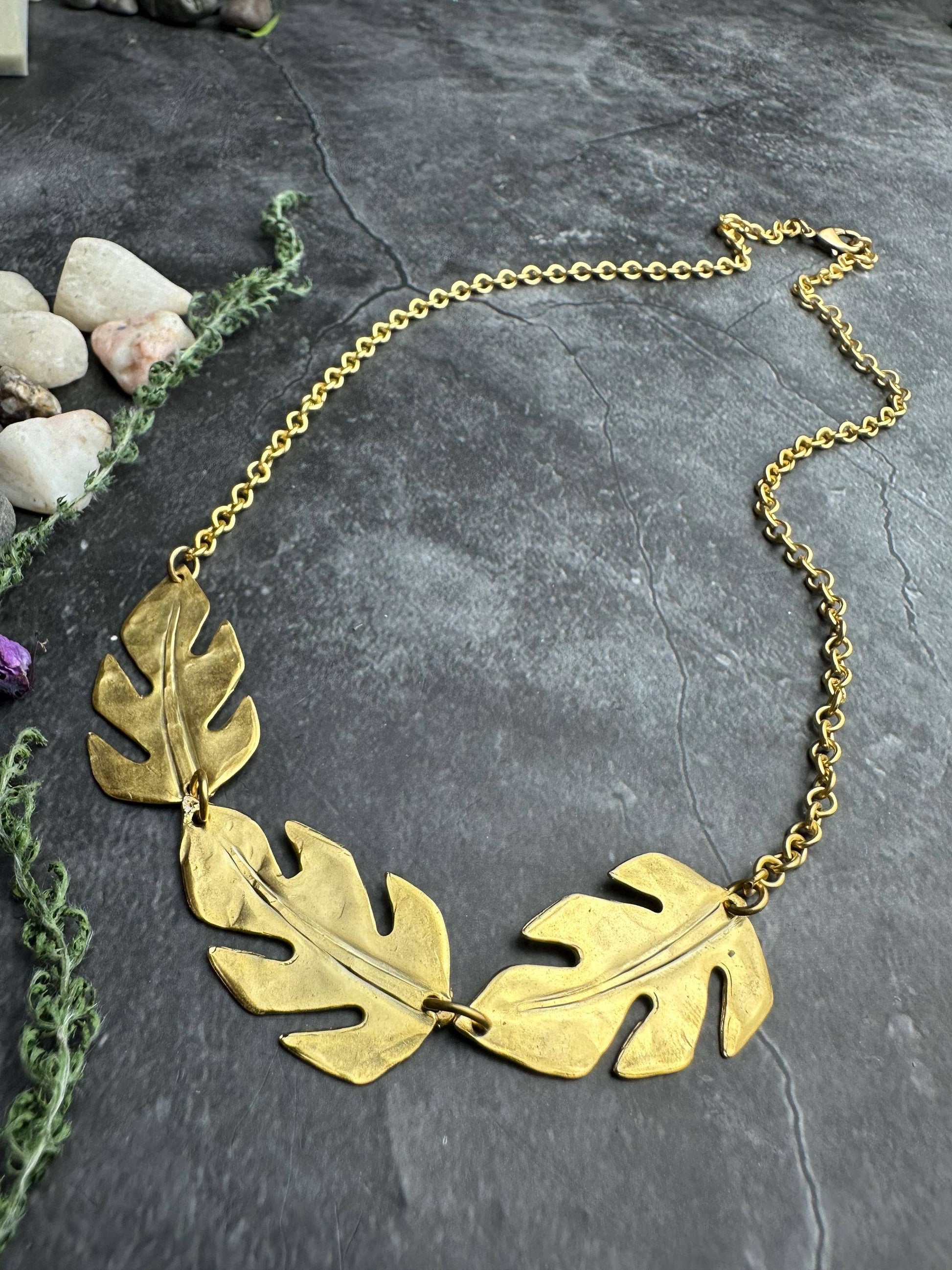 Monstera Leaf Necklace, Botanical Statement , Brass Nature C