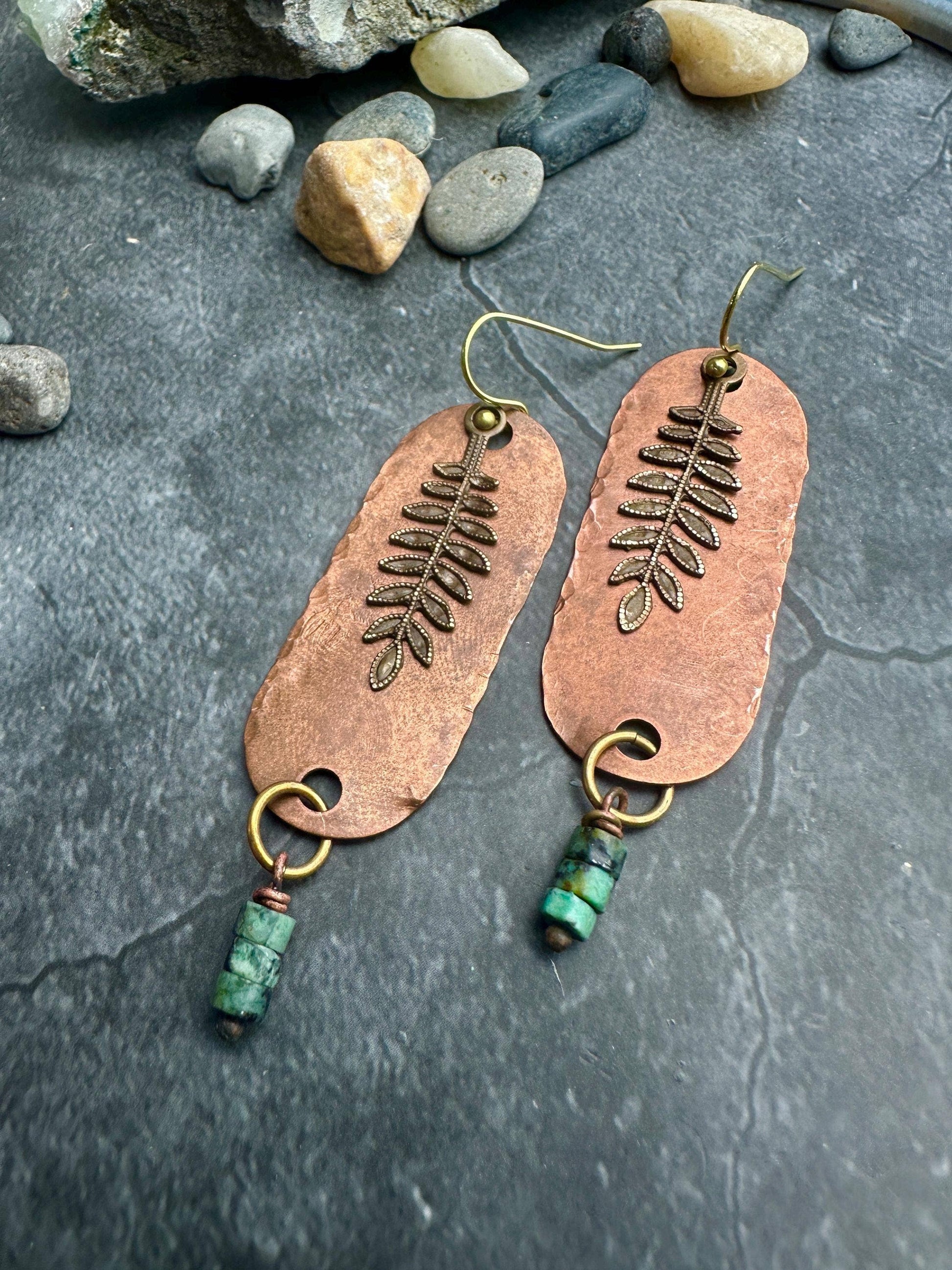 Earrings - Hand Hammered Solid Copper with African Turquoise
