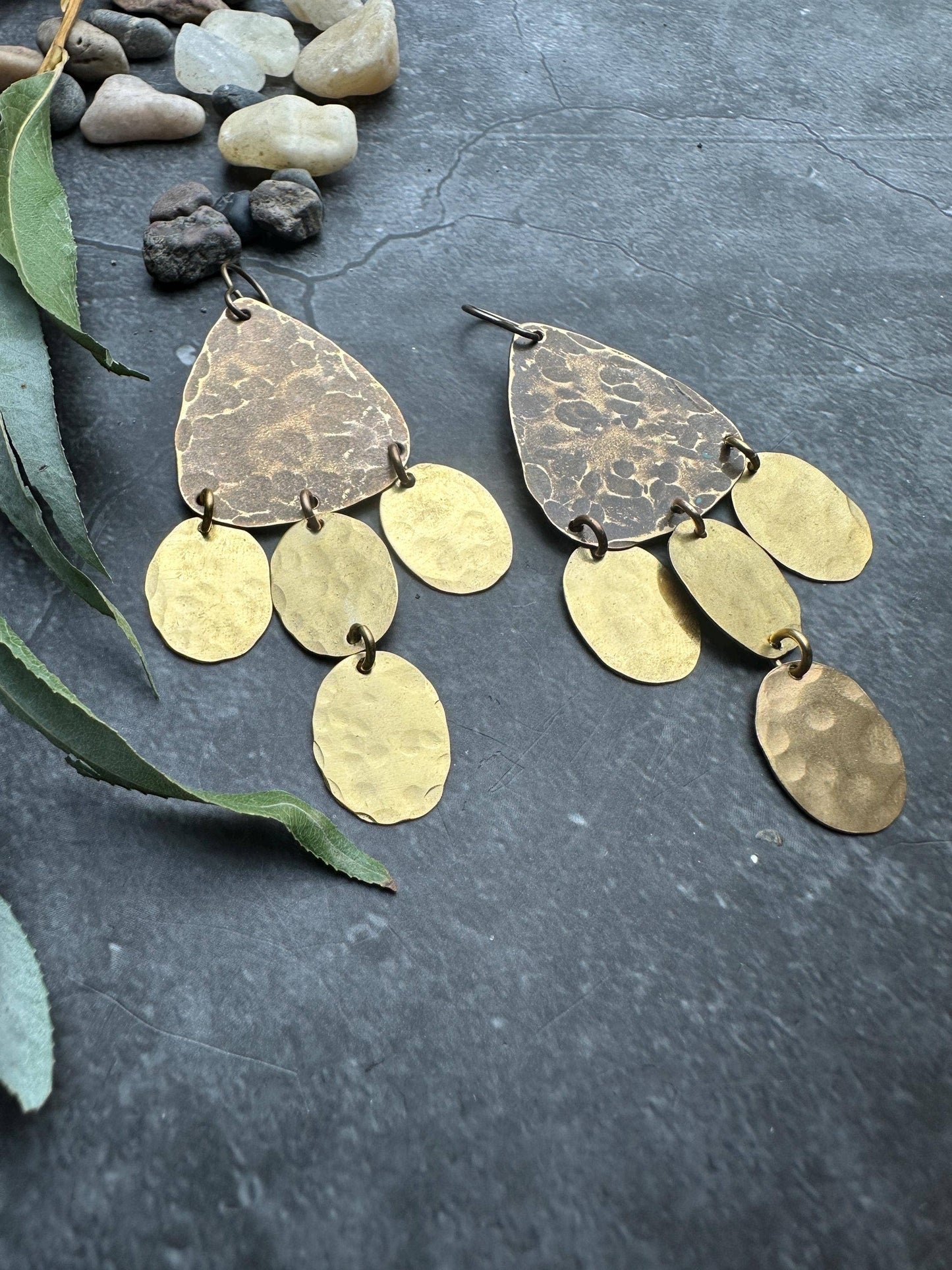 Geometric chandelier - Handmade Solid Beaten Brass Earrings
