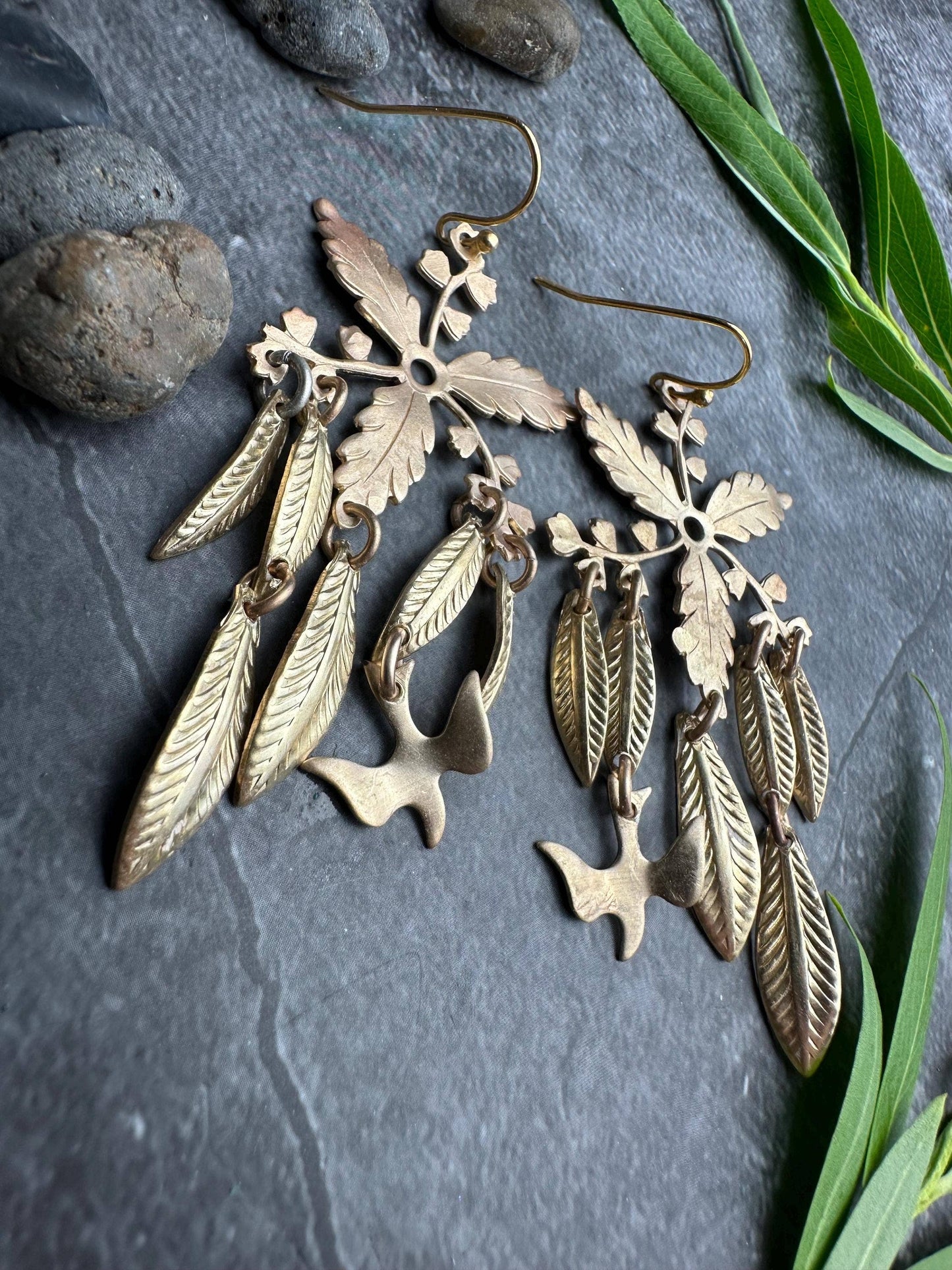 Botanical Leaf Earrings with Bird
