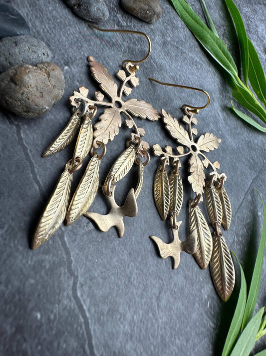 Botanical Leaf Earrings with Bird