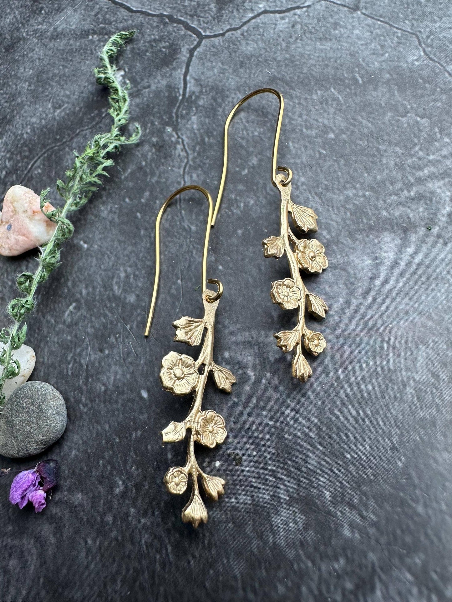 Wildflower Branch Earrings, Botanical Dangle, Brass , Nature