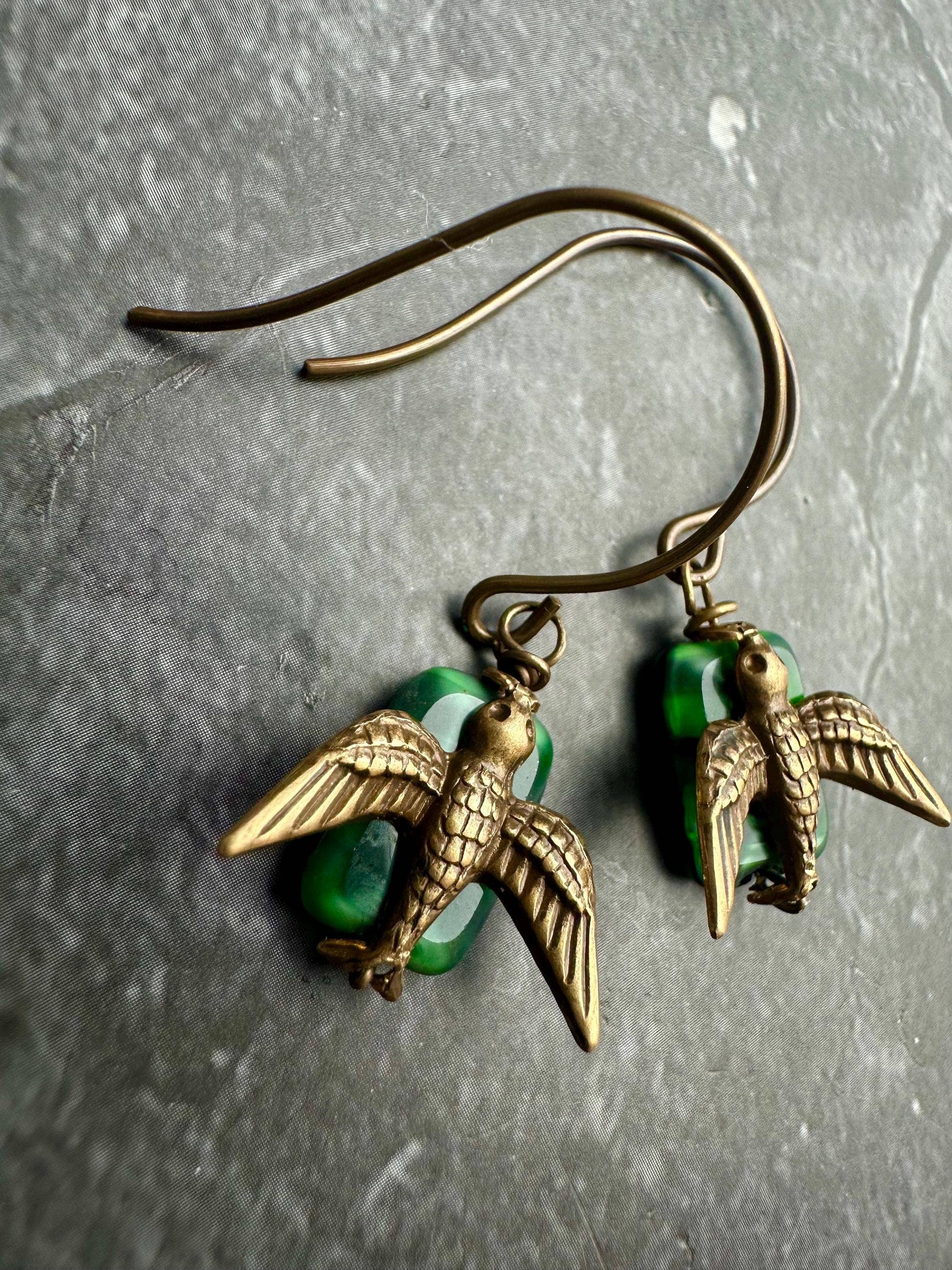 Brass Bird Encased Glass Rectangle Earrings