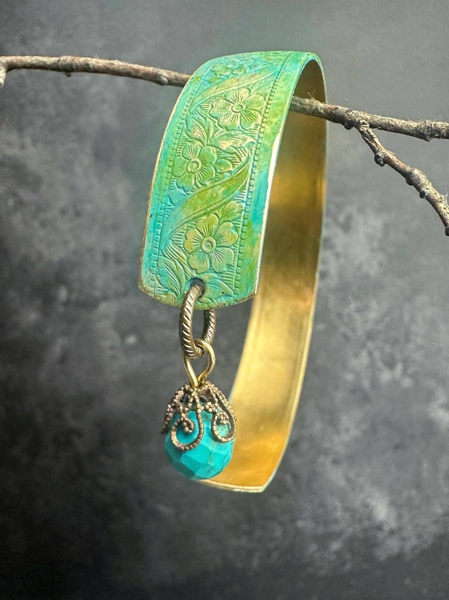 Floral Brass Cuff Bracelet with Blue Green Hand Patina
