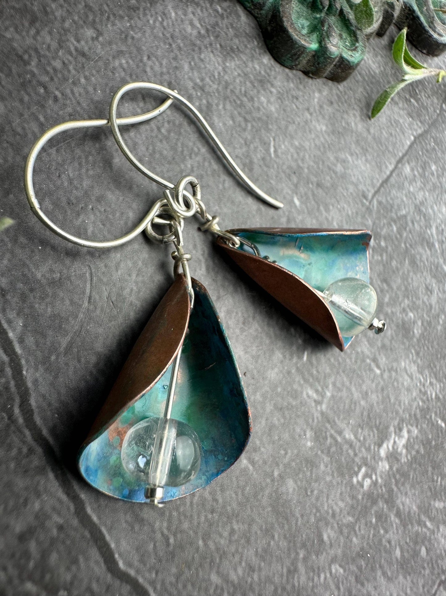 Patina Copper Lily Earrings - Crystal Quartz Bead Dangles