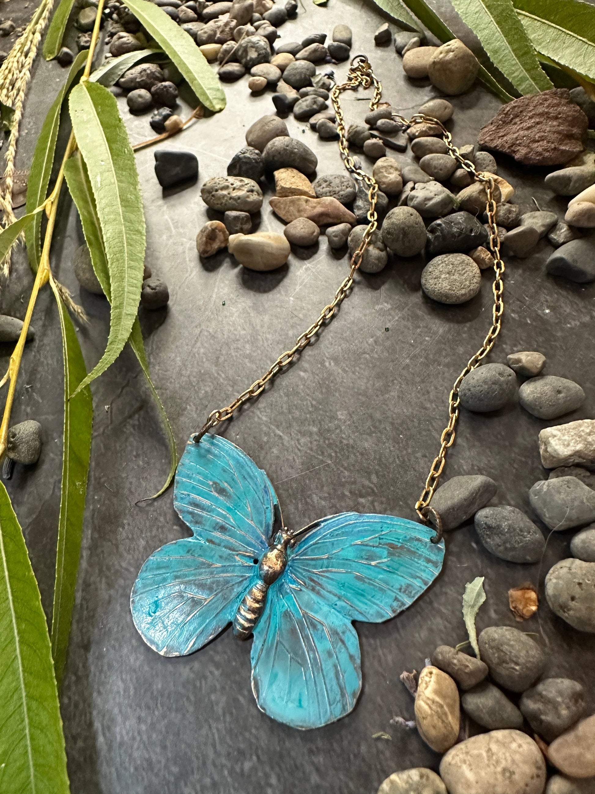 Verdigris Butterfly Necklace- Handmade Patina Solid Brass
