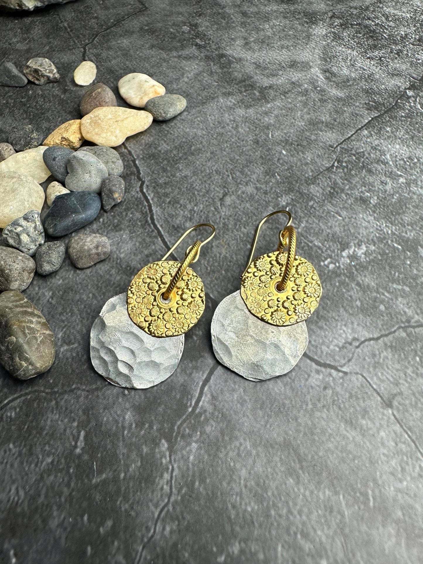 Geometric Layered Disc Earrings - Hammered Brass & Pewter
