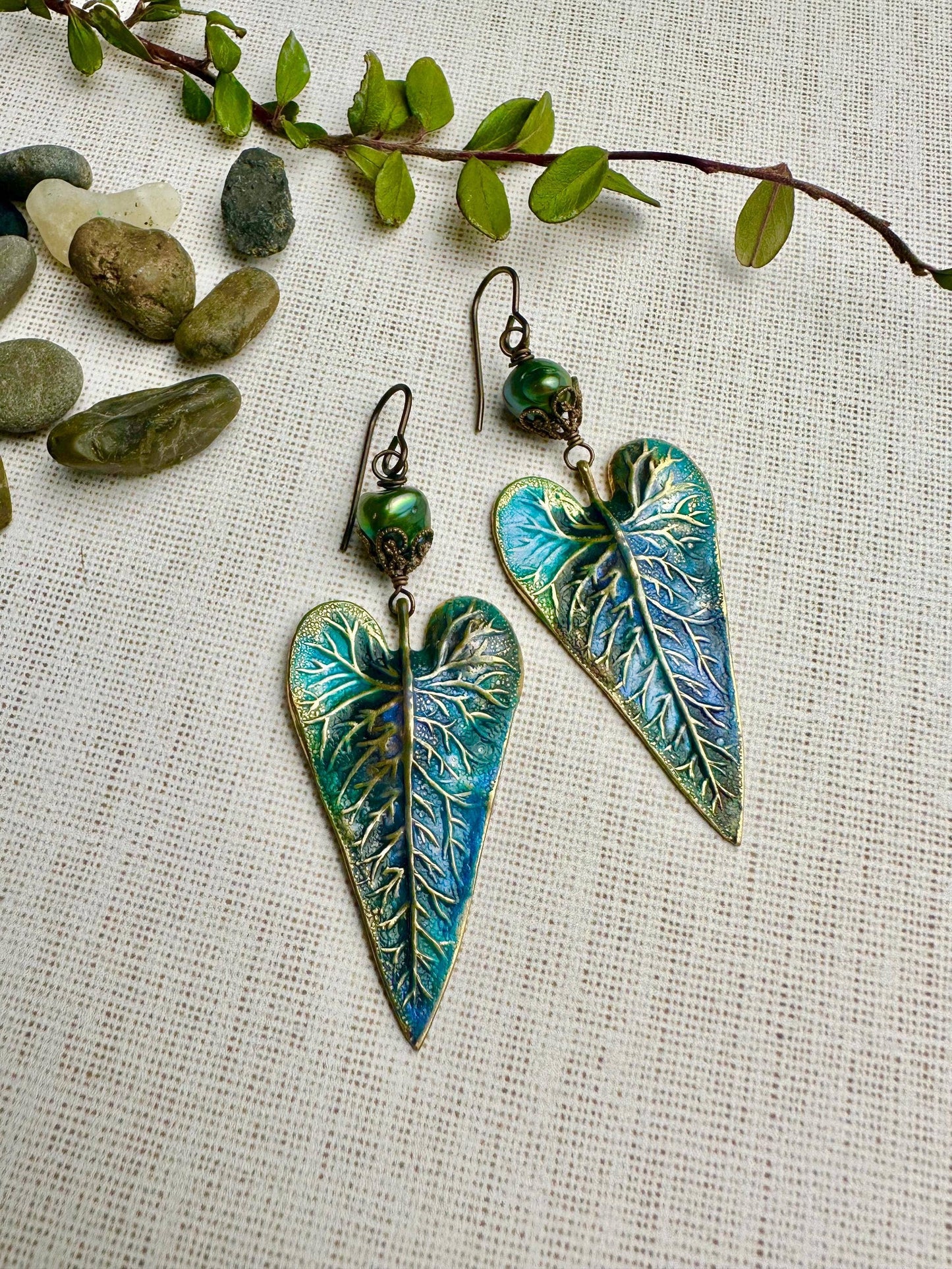Patina Leaf Earrings with Freshwater Pearl