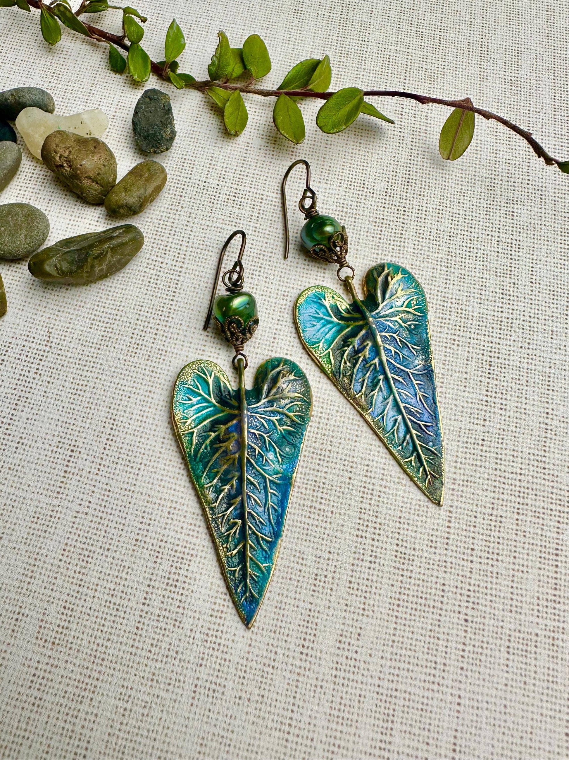 Patina Leaf Earrings with Freshwater Pearl