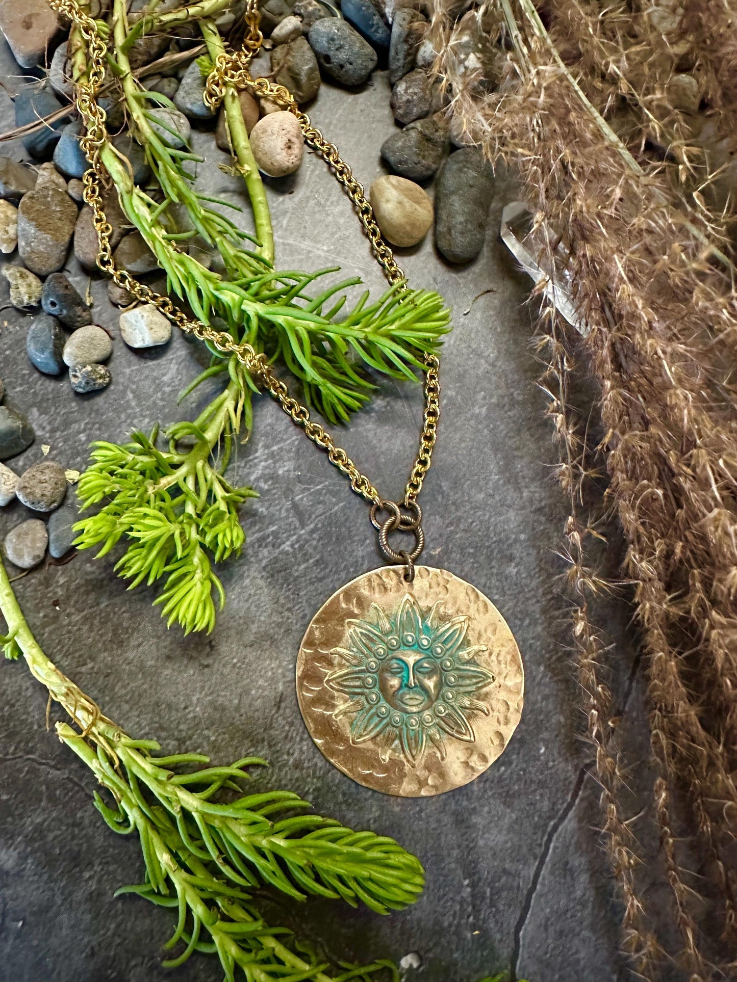 Sun Medallion Necklace - Handmade Solid Beaten Hammered Brass Green Hand Patina Finish