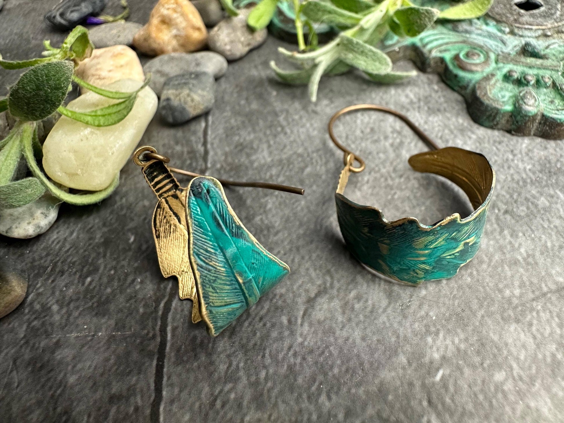 Curled Feather Earrings - Verdigris Patina Brass Dangles