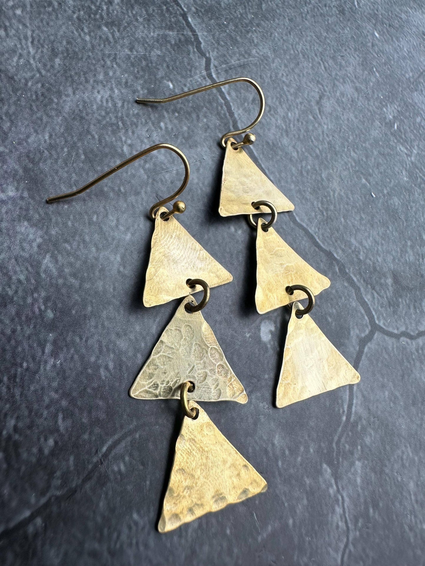 Triple Triangle Earrings - Hammered Brass Geometric Dangle