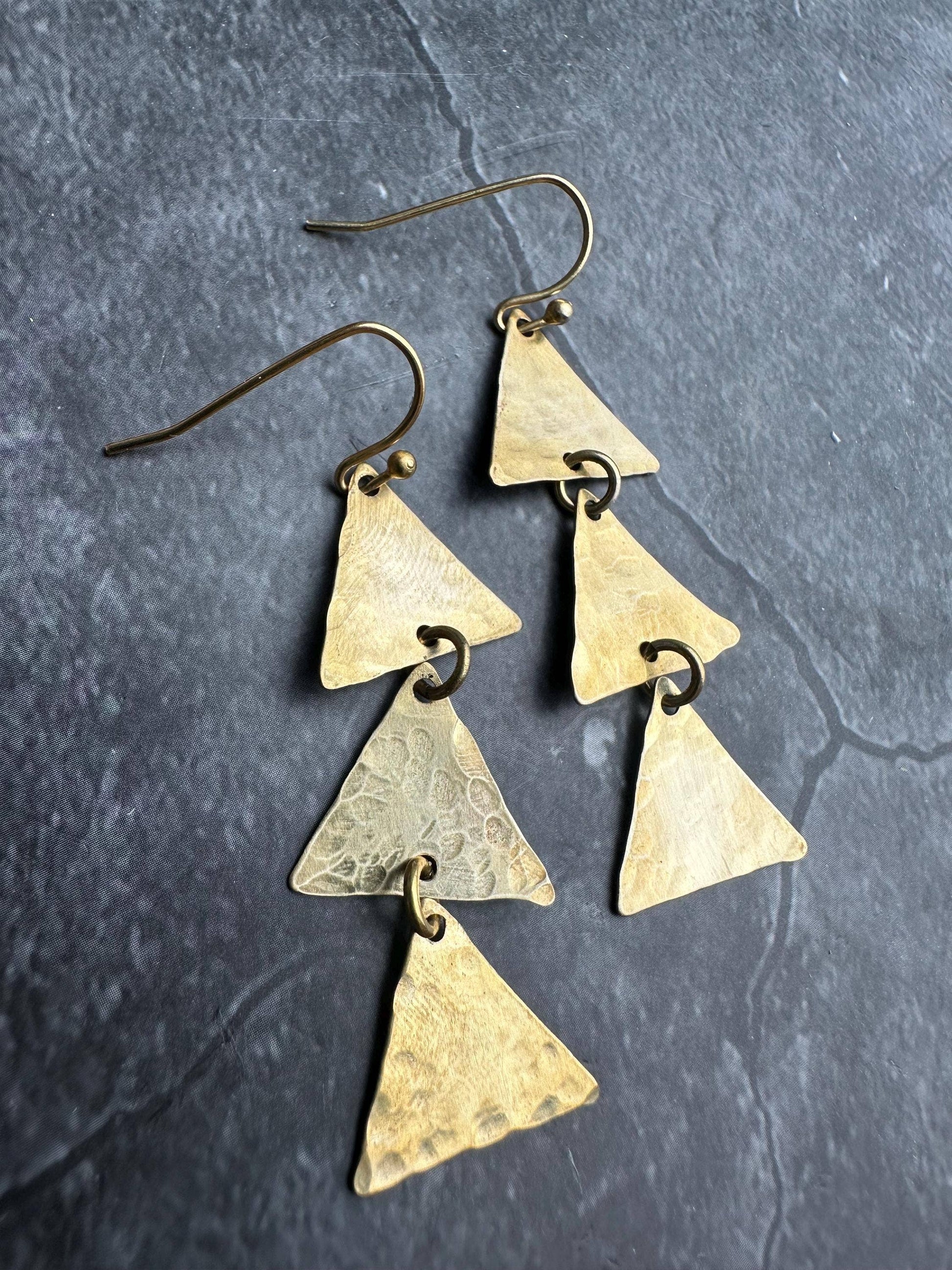 Triple Triangle Earrings - Hammered Brass Geometric Dangle