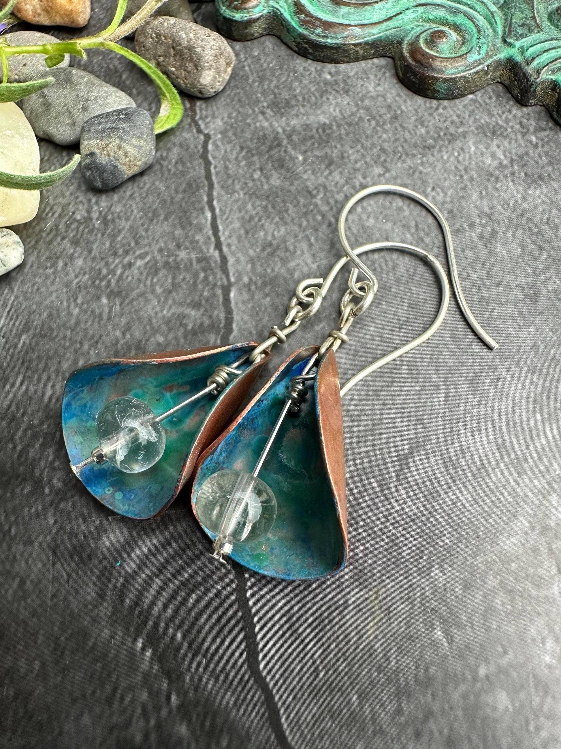 Patina Copper Lily Earrings - Crystal Quartz Bead Dangles