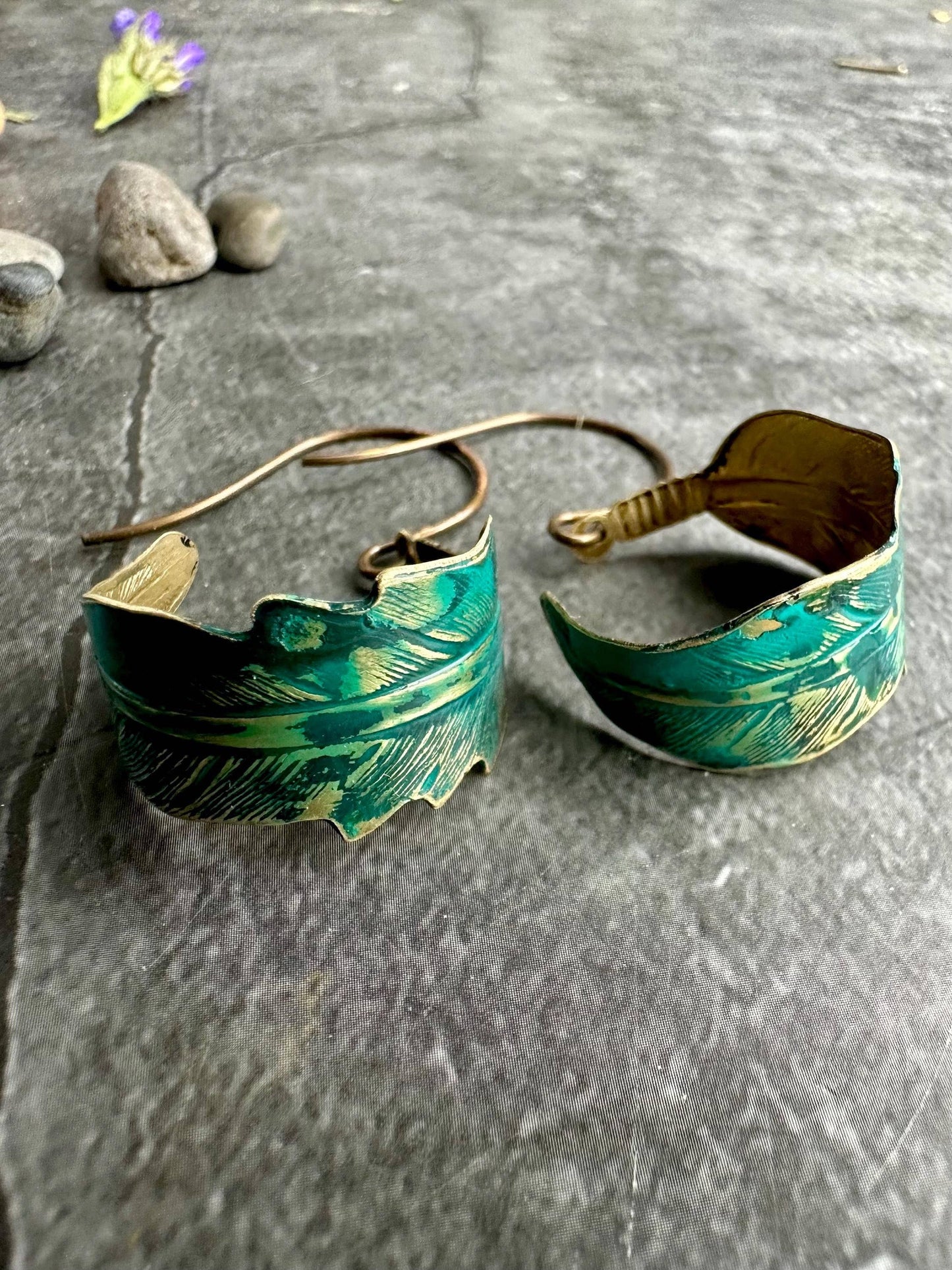 Curled Feather Earrings - Verdigris Patina Brass Dangles