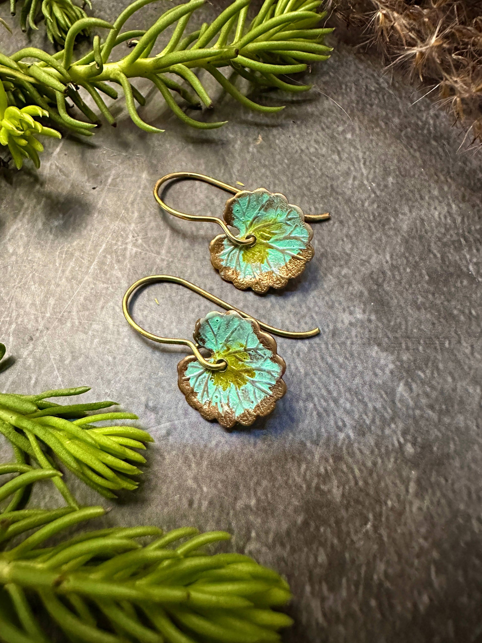 Lotus Leaf Earrings- Handmade Patina Solid Brass