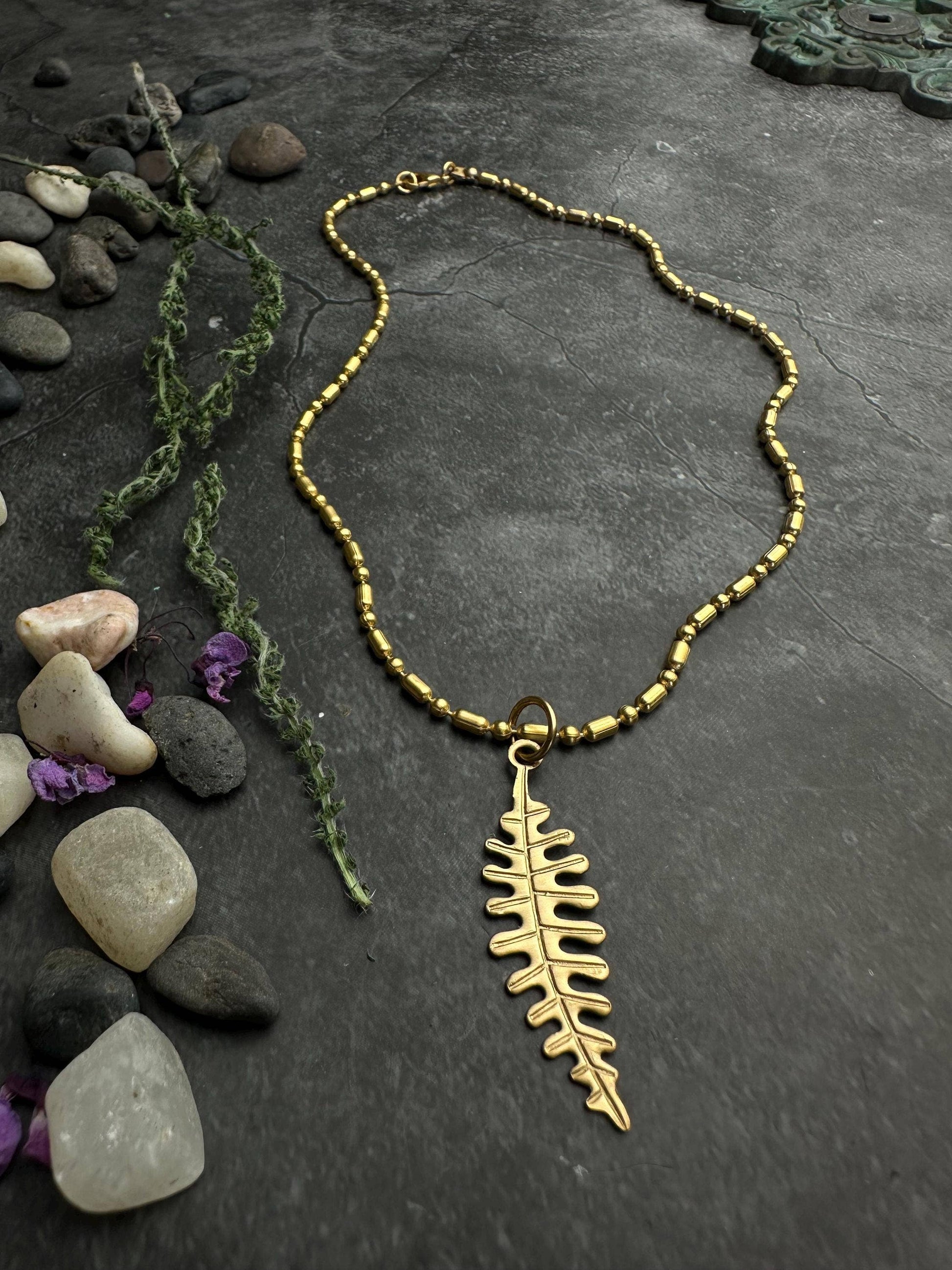 Fern Leaf Necklace Brass Pendant, Botanical , Woodland Style