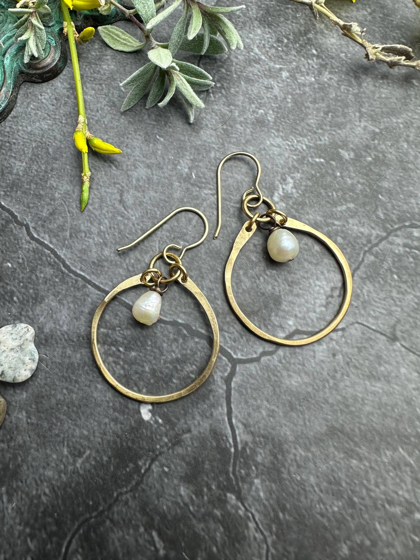 Freshwater Pearl Hoop Earrings - Brass Hoops