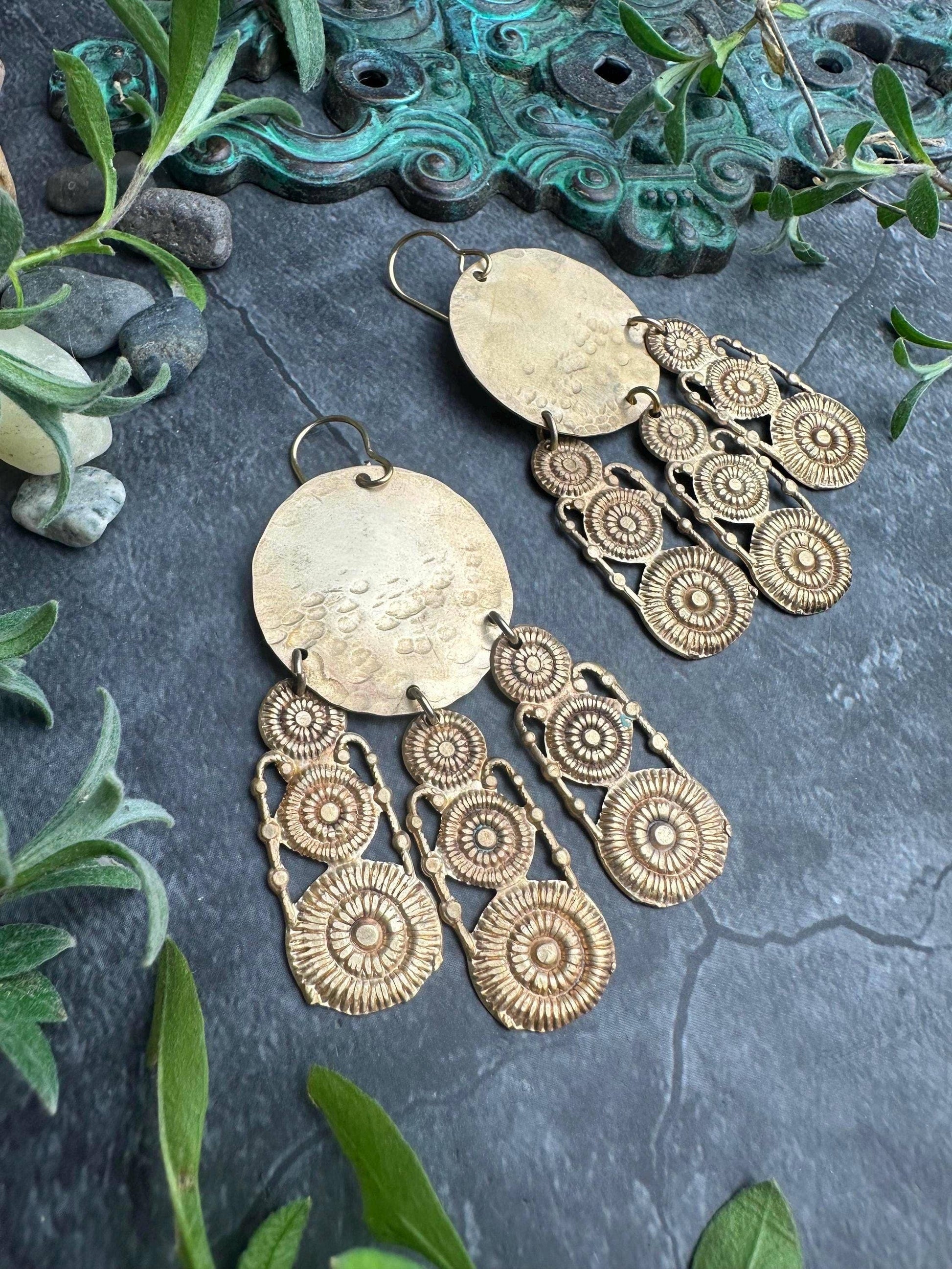 Brass Sunburst Fringe Earrings