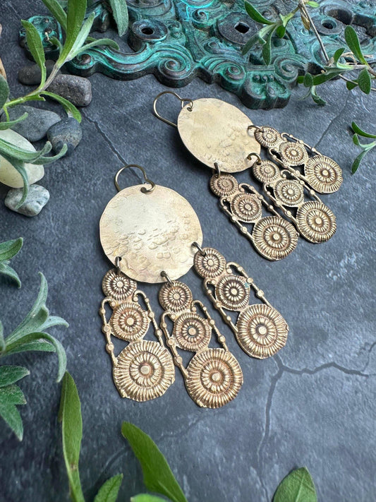 Brass Sunburst Fringe Earrings