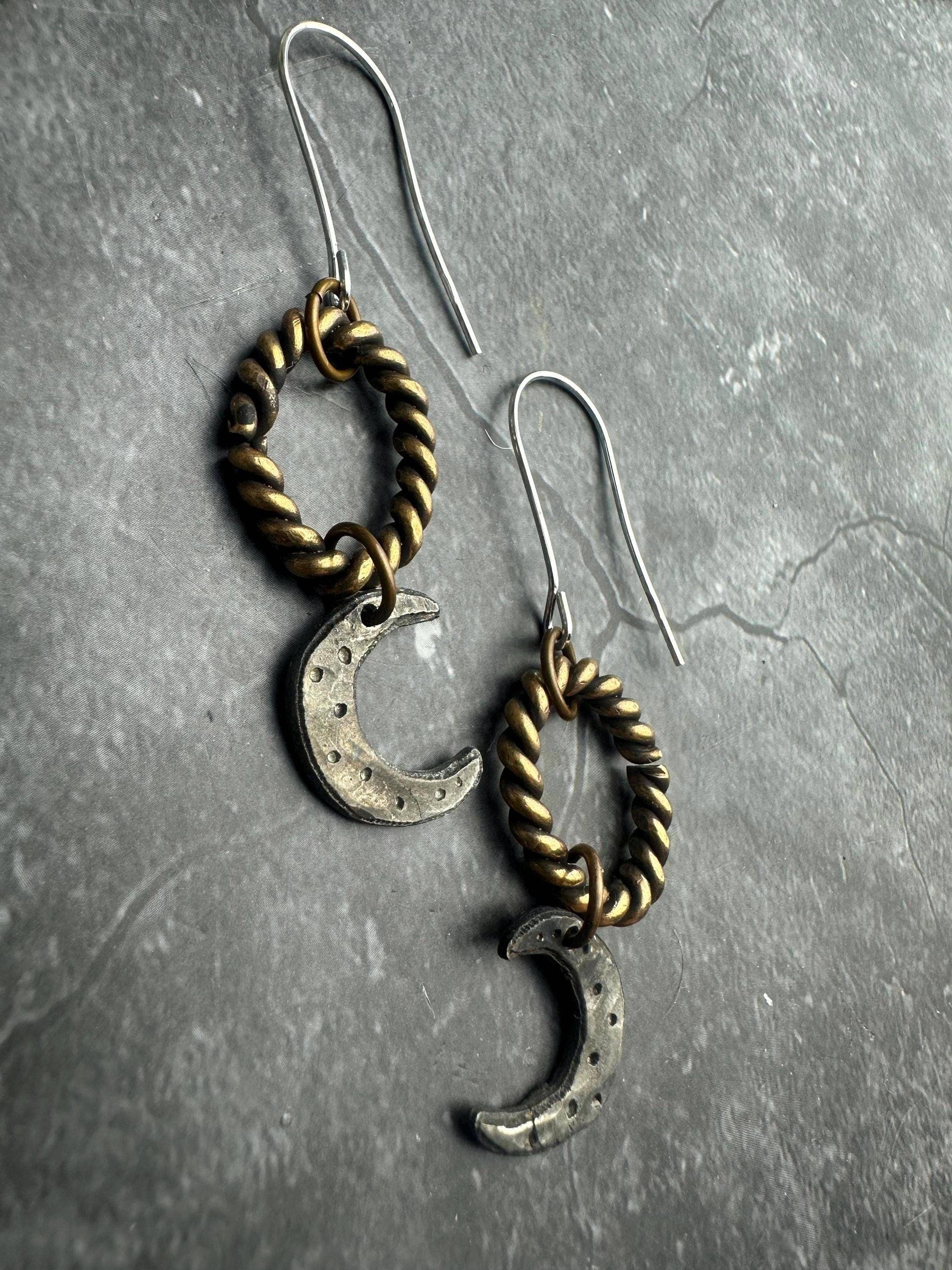 Lasso the Moon Earrings- Hammered Pewter & Brass Ox