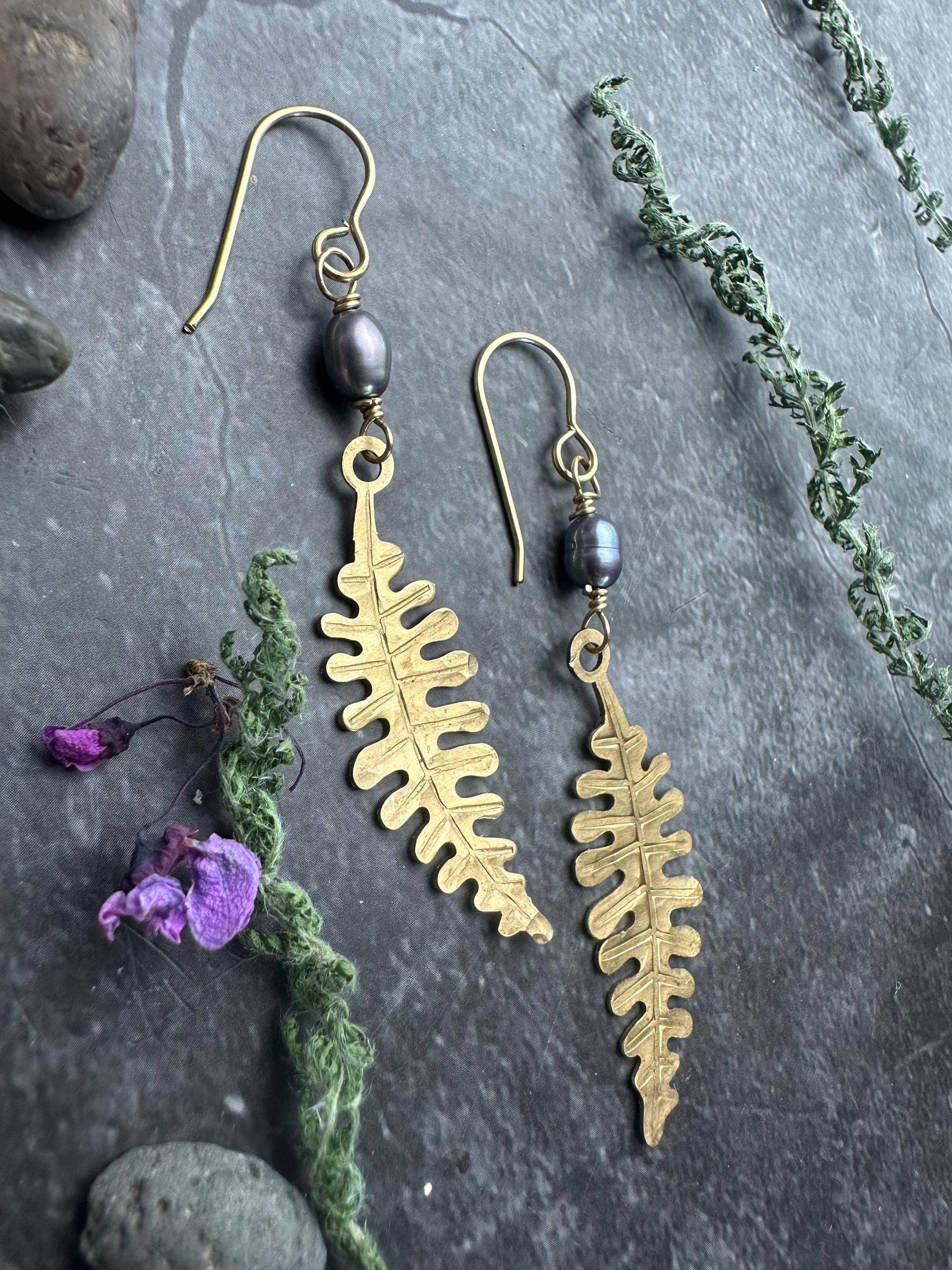 Fern Leaf Dangle Earrings, Hammered Brass, Pearl Botanical