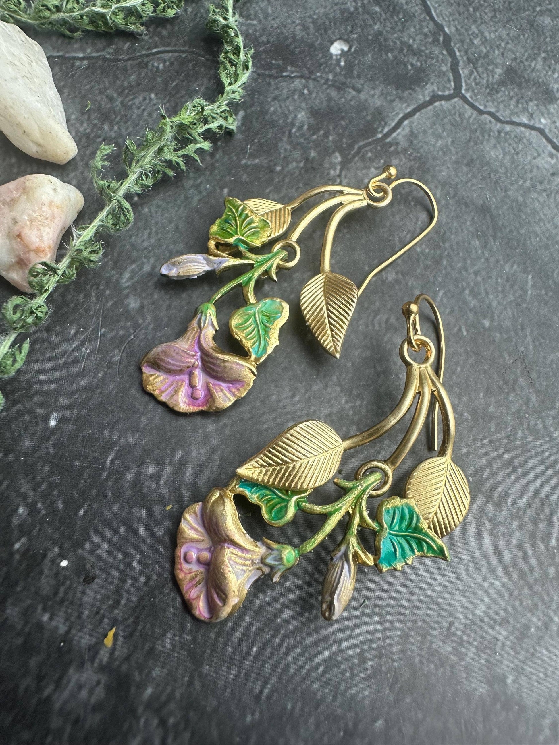 Morning Glory Earrings, Floral Dangle, Brass , Botanical Sta