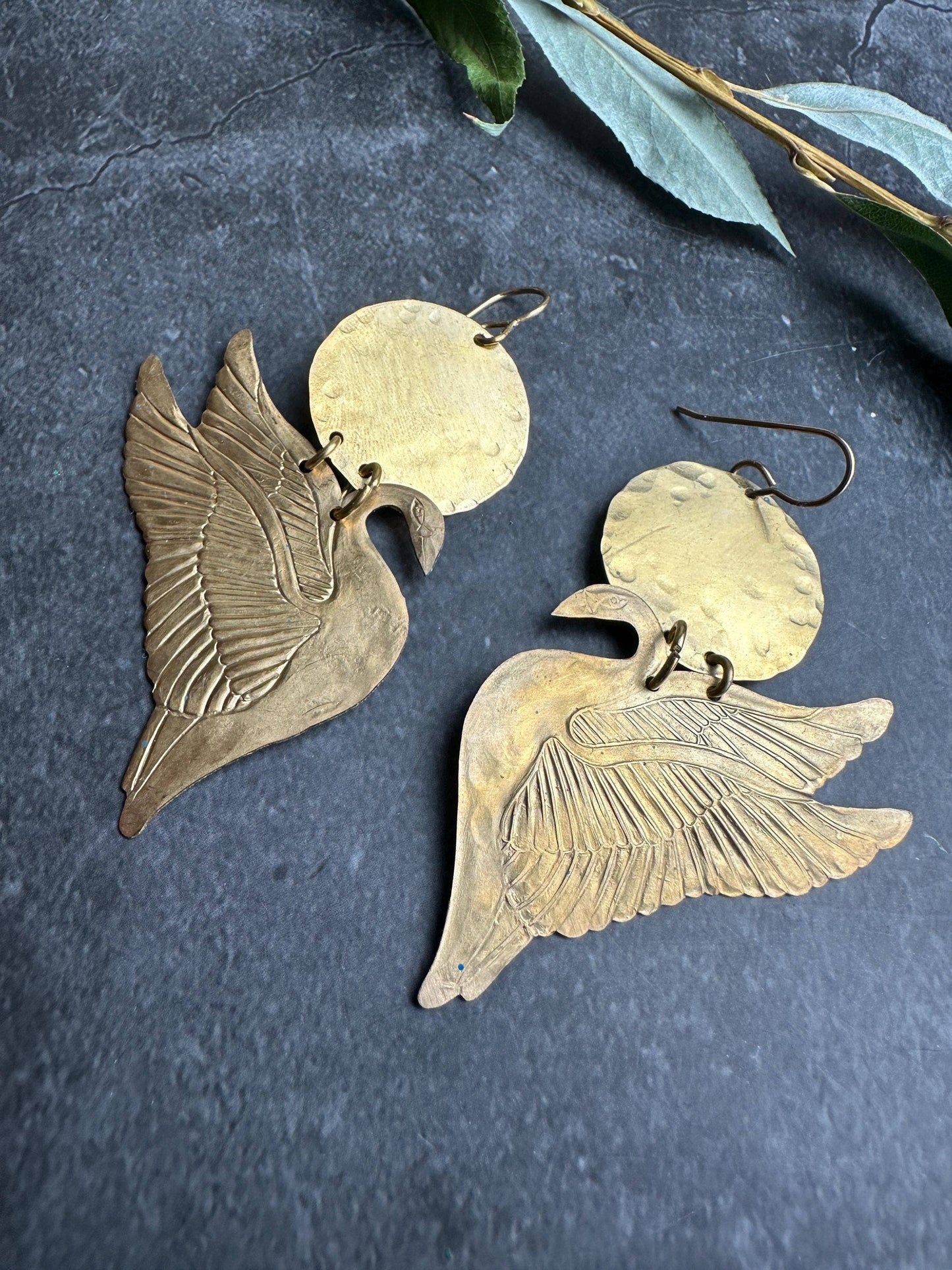 Sunset Swan Earrings- Handmade Beaten Solid Brass