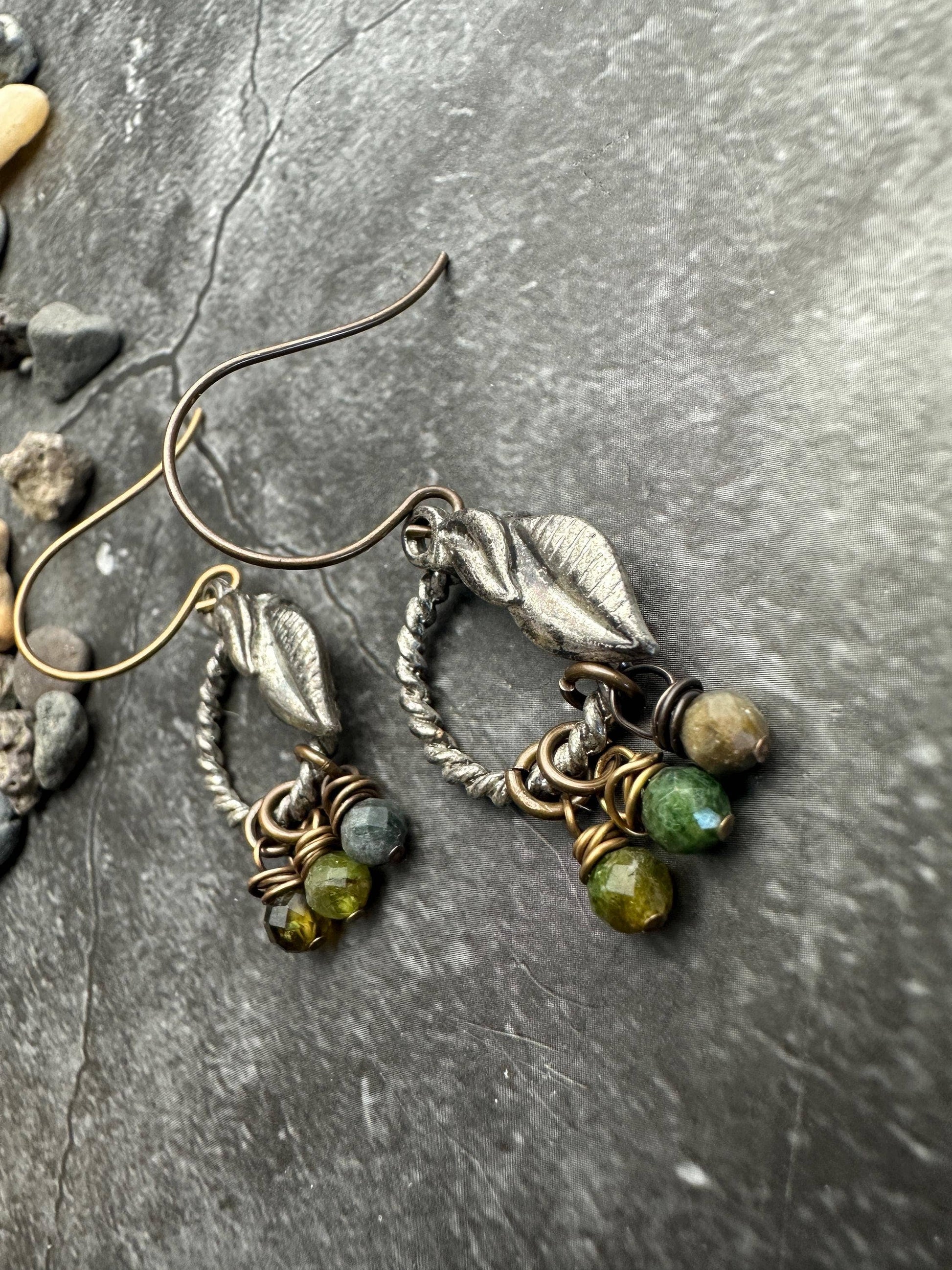 Roped Vine Earrings- Handmade Solid Brass Faceted Tourmaline