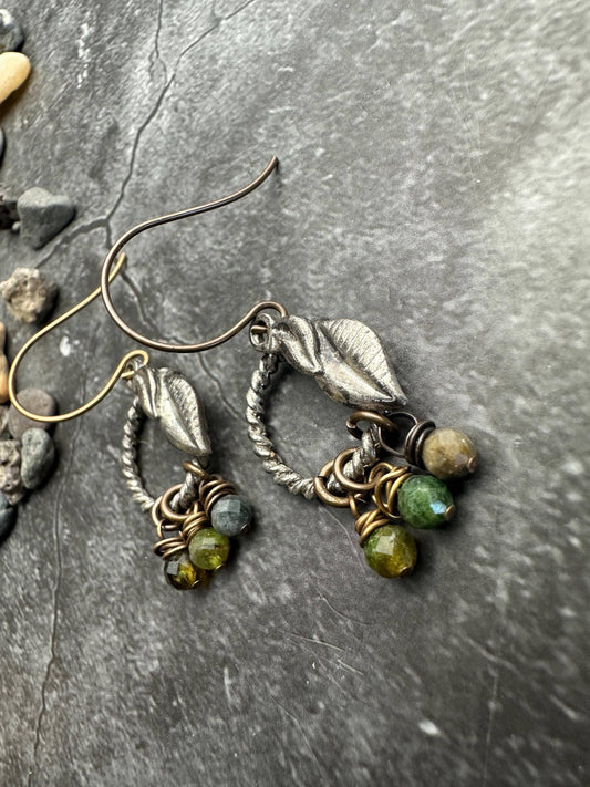 Roped Vine Earrings- Handmade Solid Brass Faceted Tourmaline