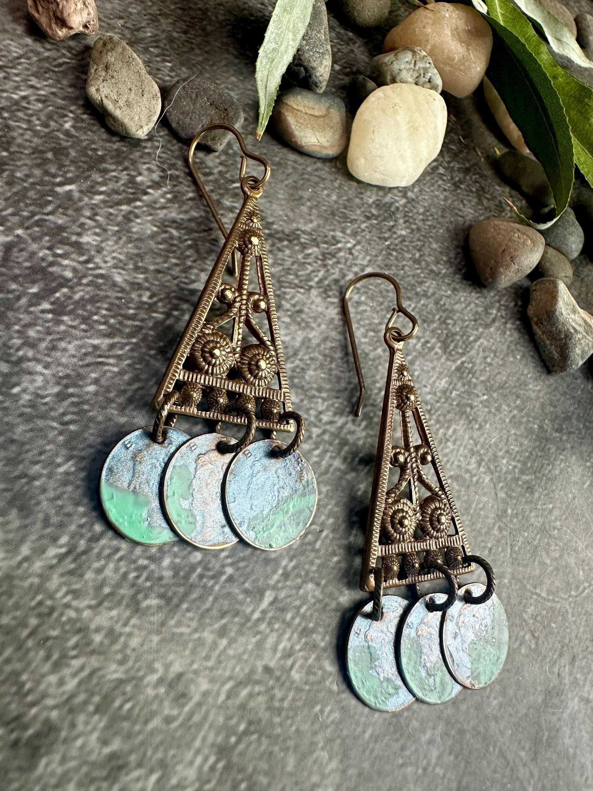 Sacred Triangle Coin Earrings - Patina Brass