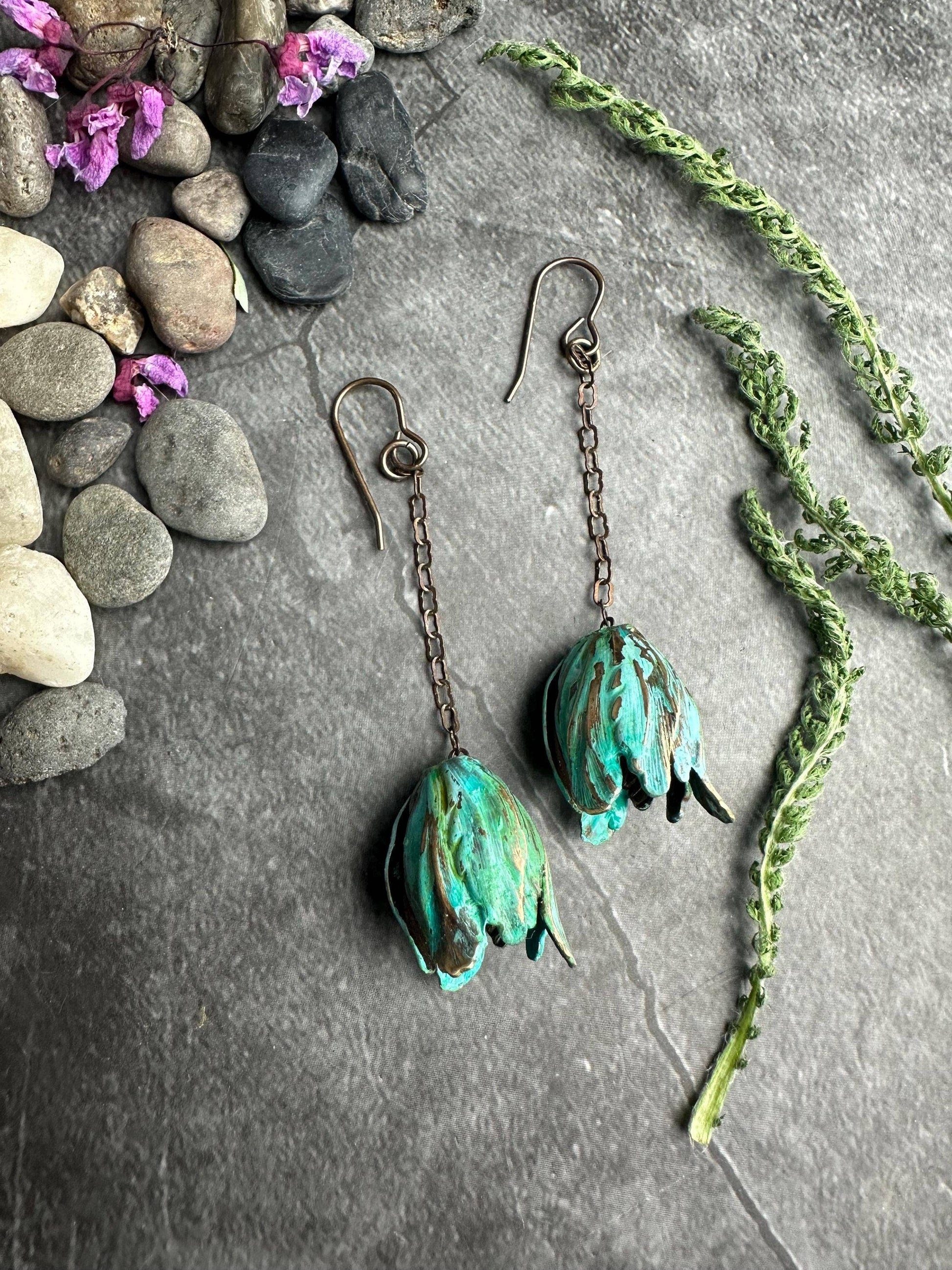 Verdigris Flower Drop Earrings