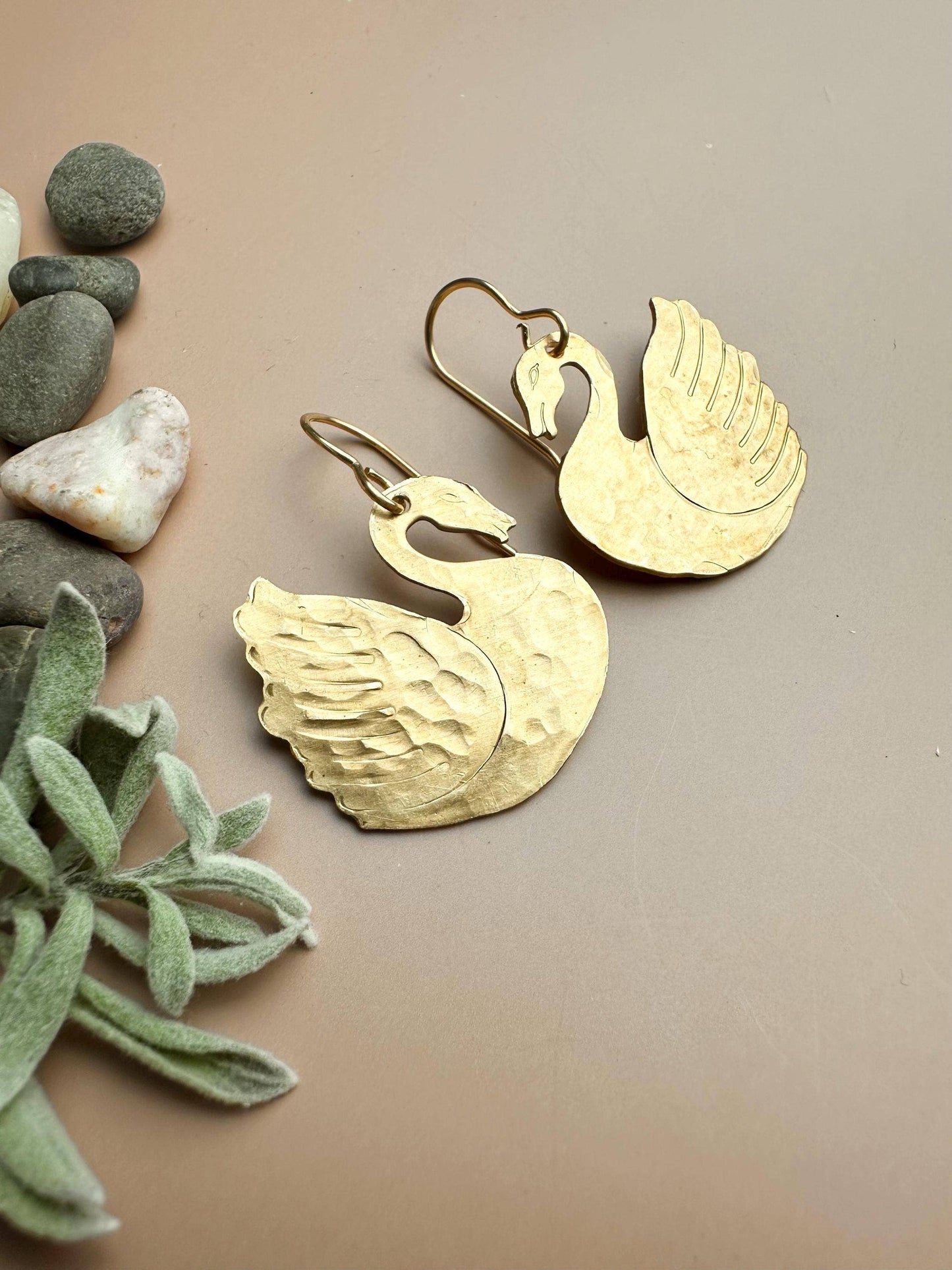 Signet Swan Earrings - Beaten Solid Brass