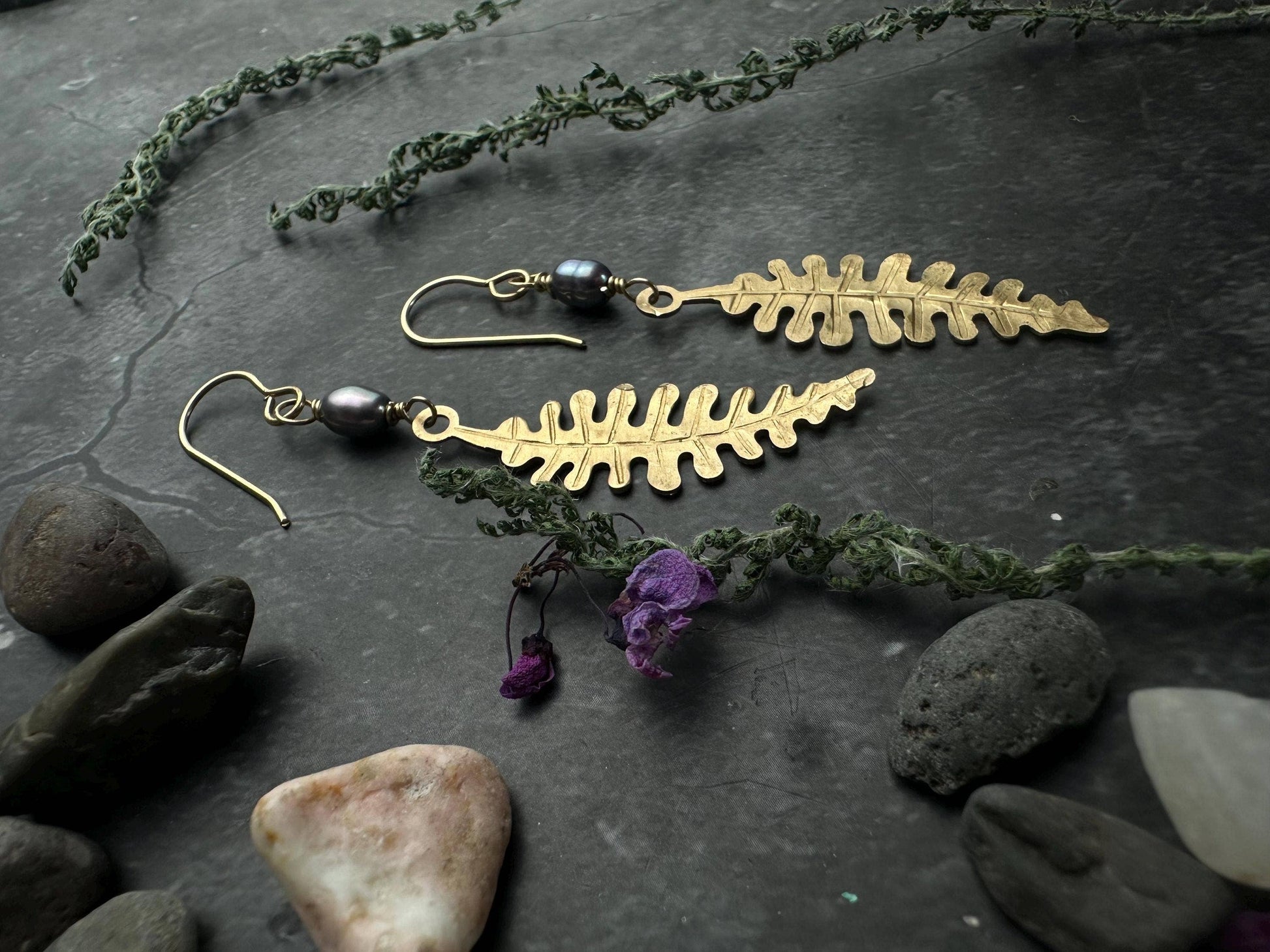 Fern Leaf Dangle Earrings, Hammered Brass, Pearl Botanical