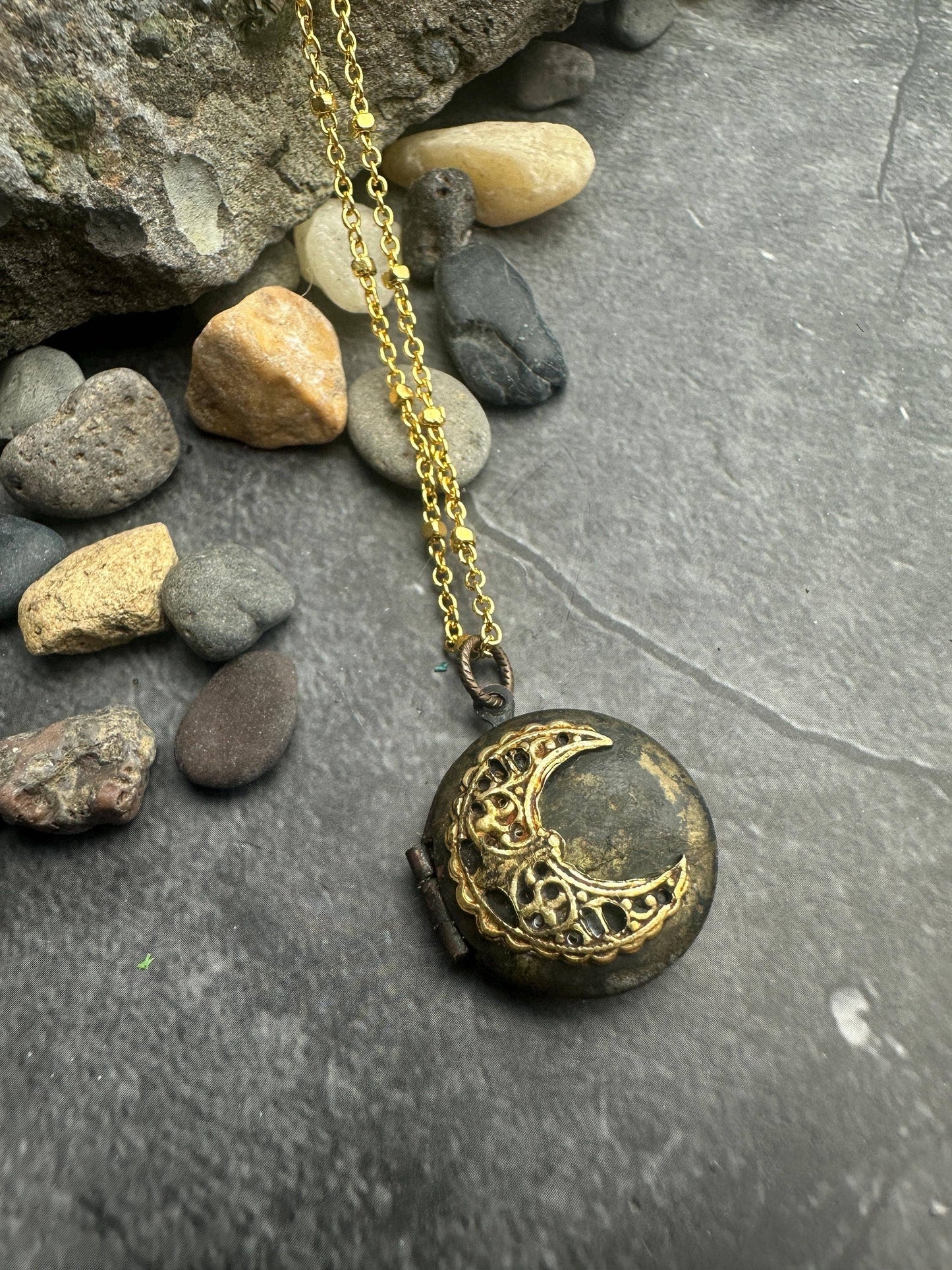 Vintage Brass Crescent Moon Locket Necklace