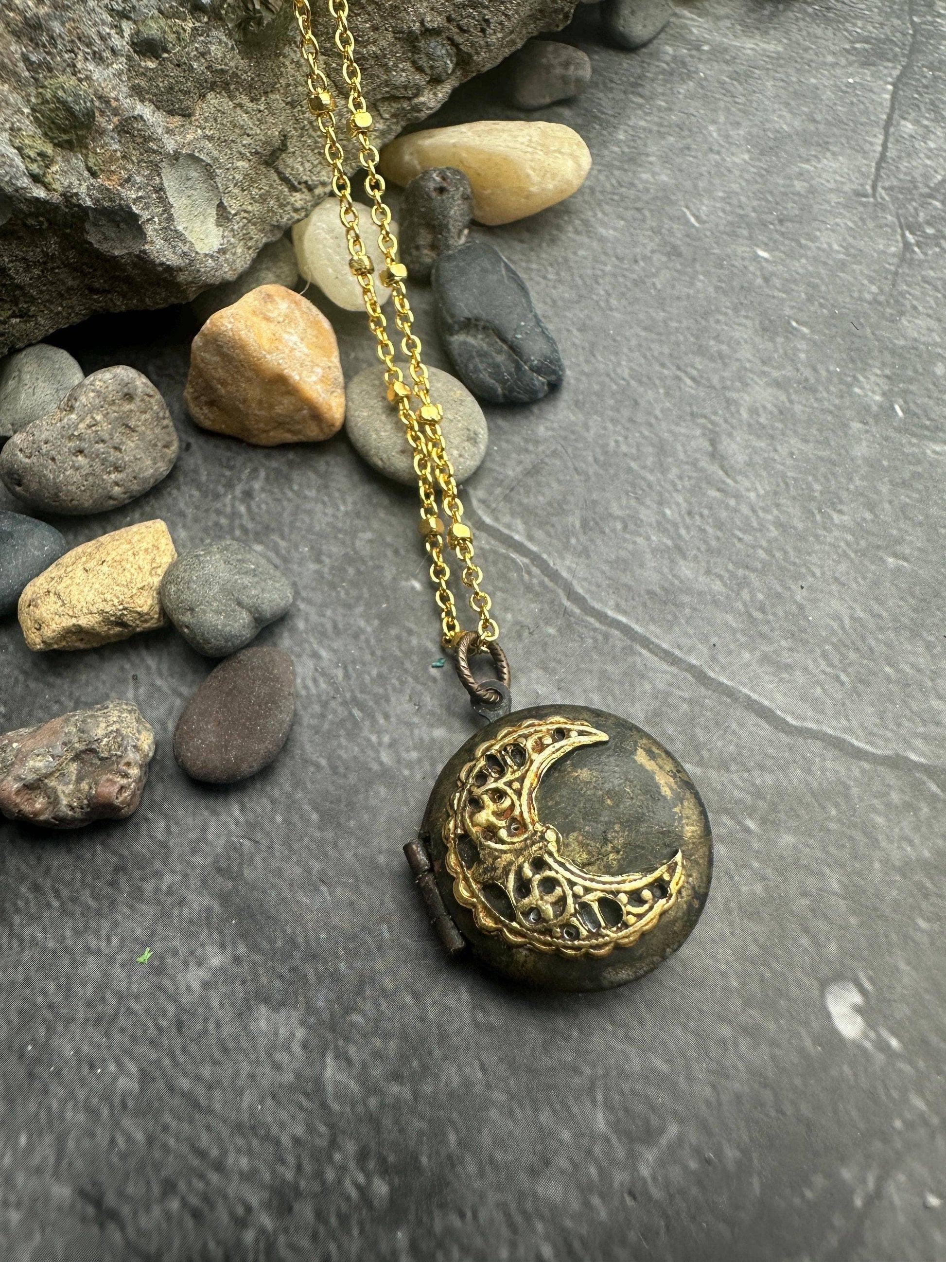 Vintage Brass Crescent Moon Locket Necklace
