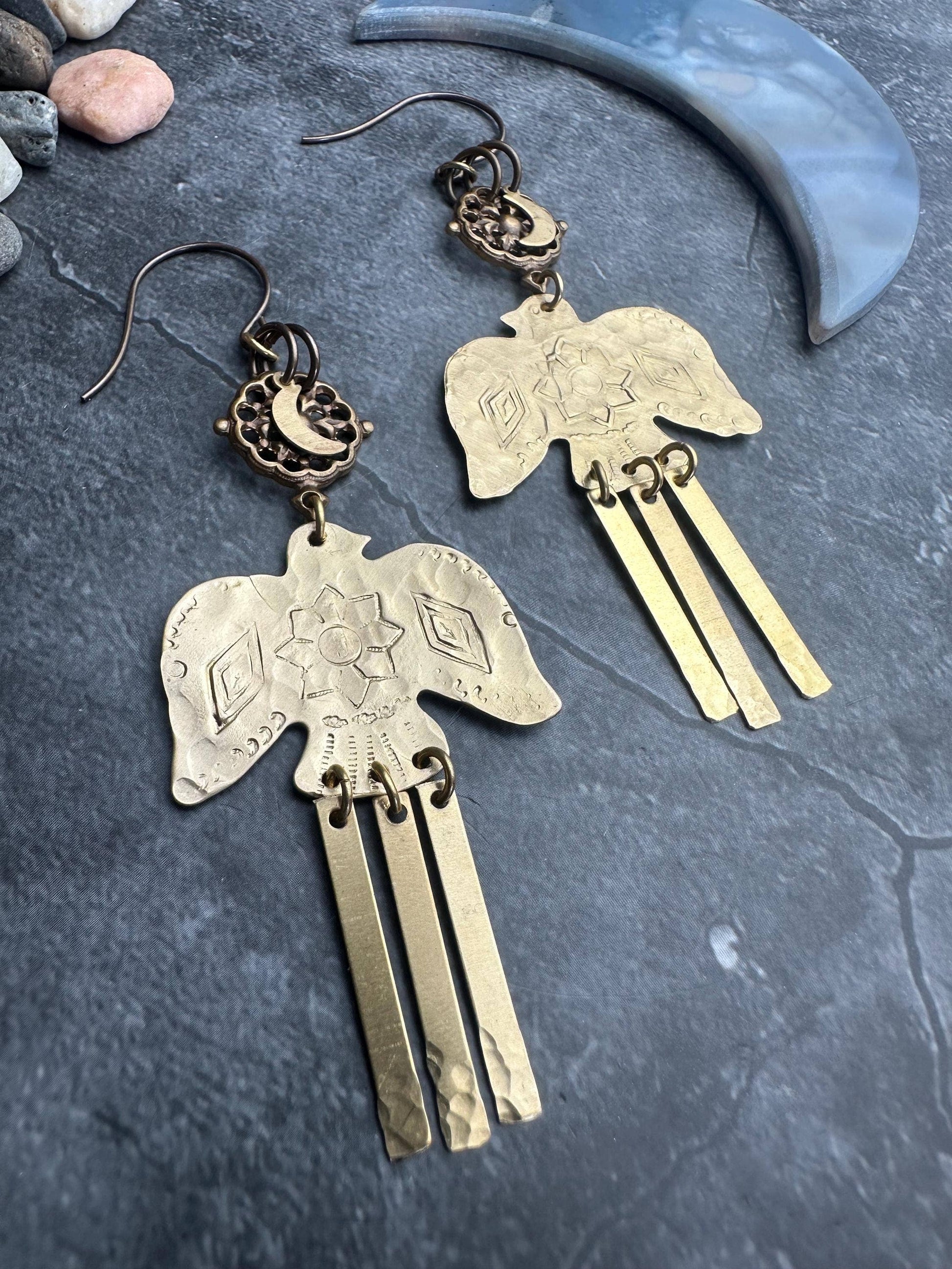 Thunderbird Moon Earrings - Brass Bird Celestial Dangles