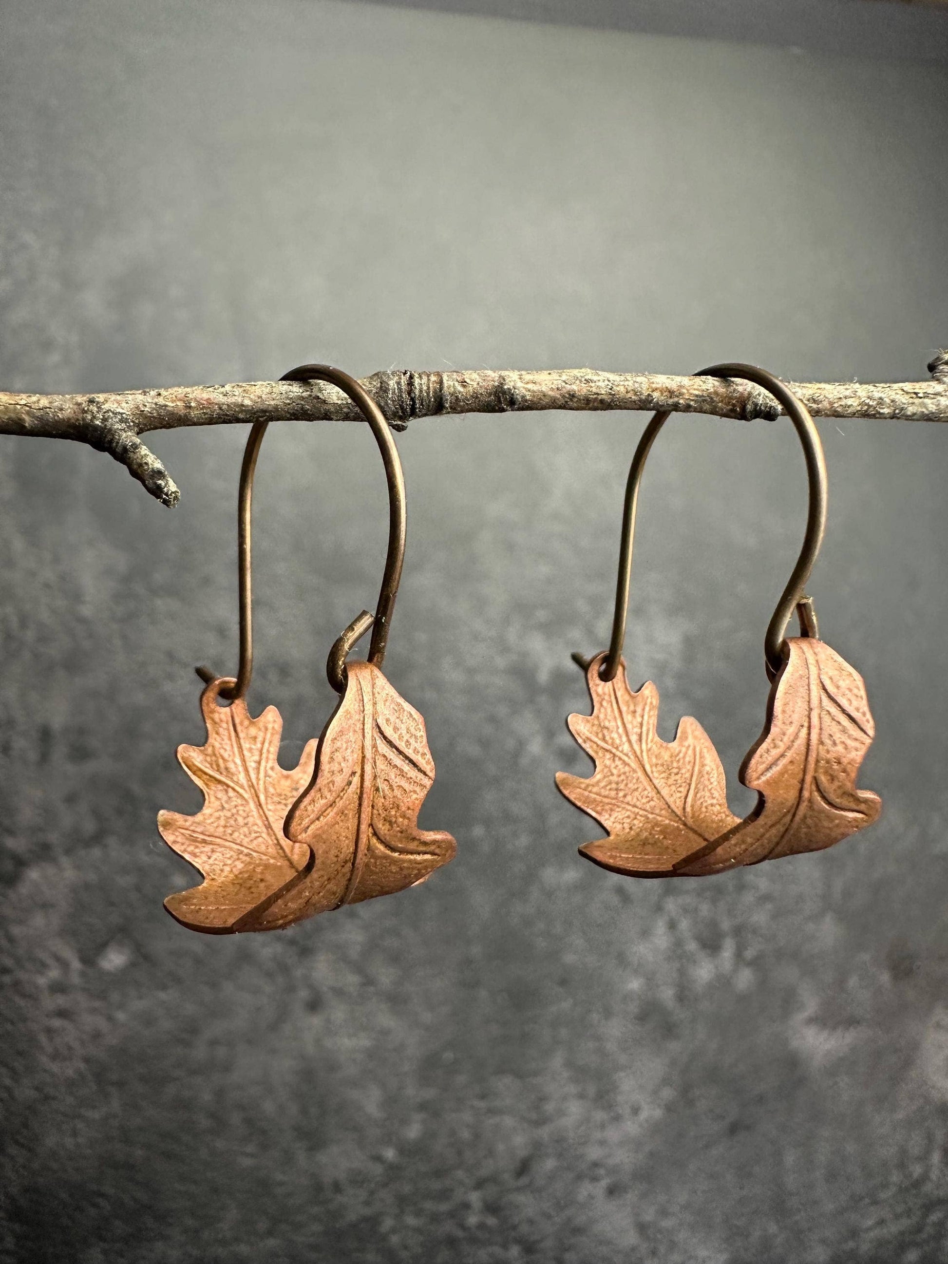 Oak Leaf Mini Hoop Earrings - Hand formed Copper