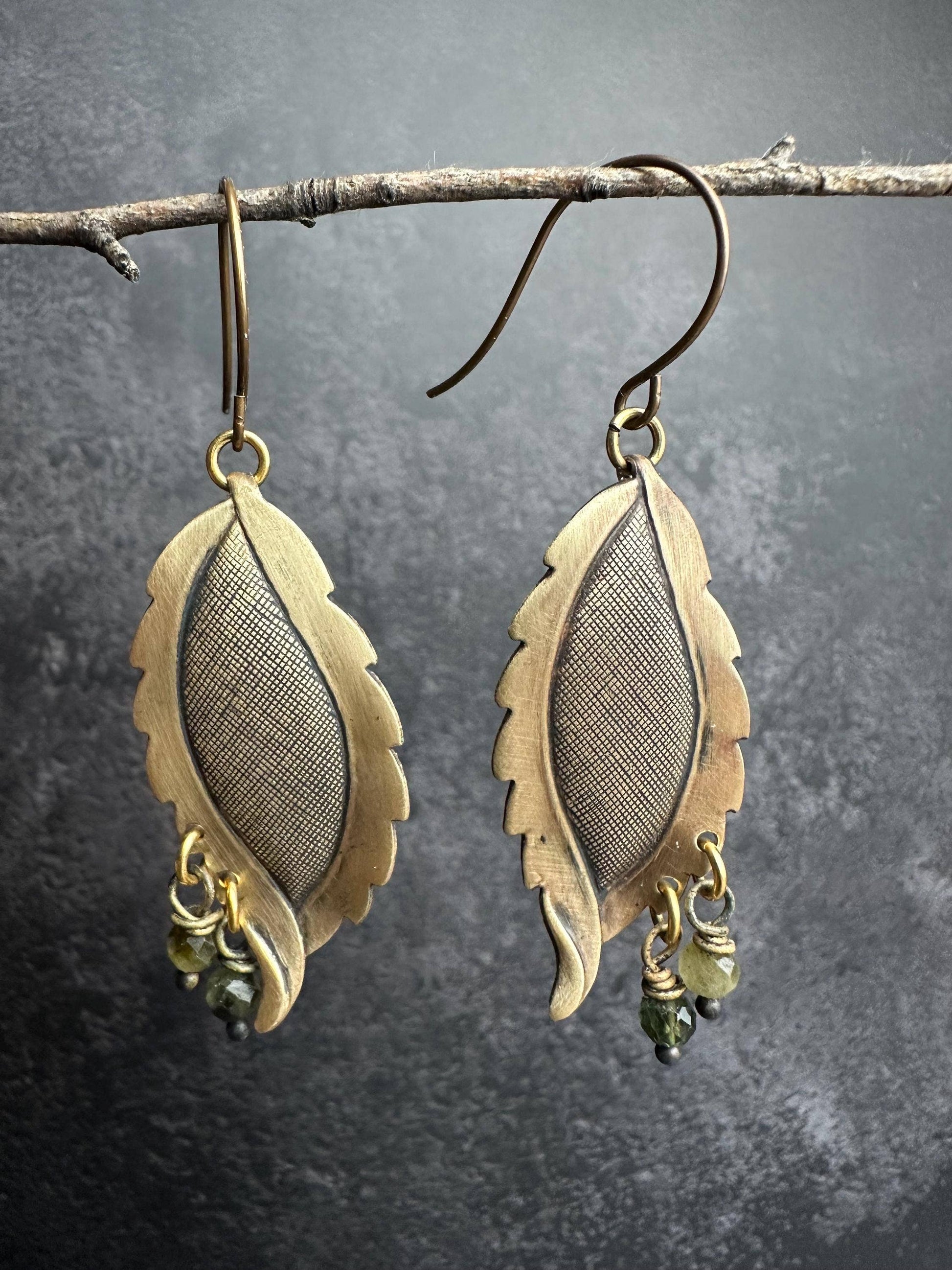 Leafy Green Pebble Earrings - Solid Brass Faceted Tourmaline