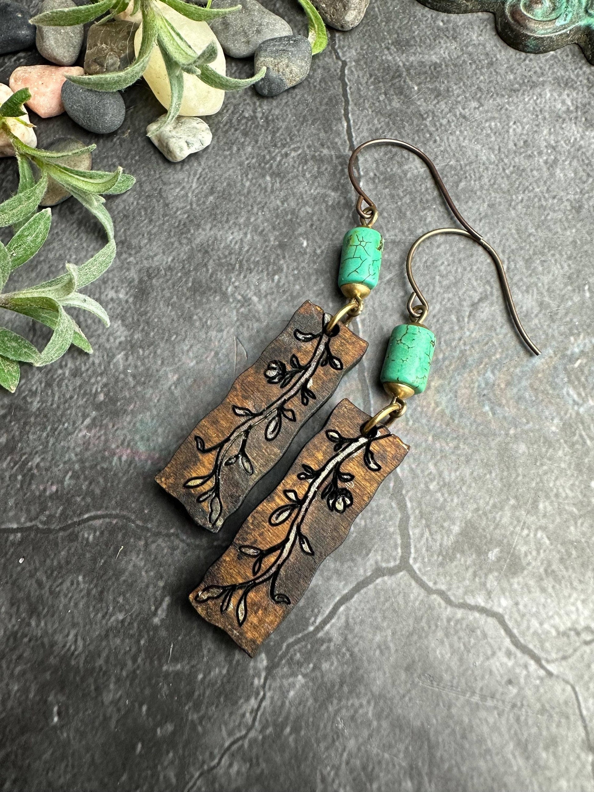 Wood Vine Earrings with Turquoise Beads