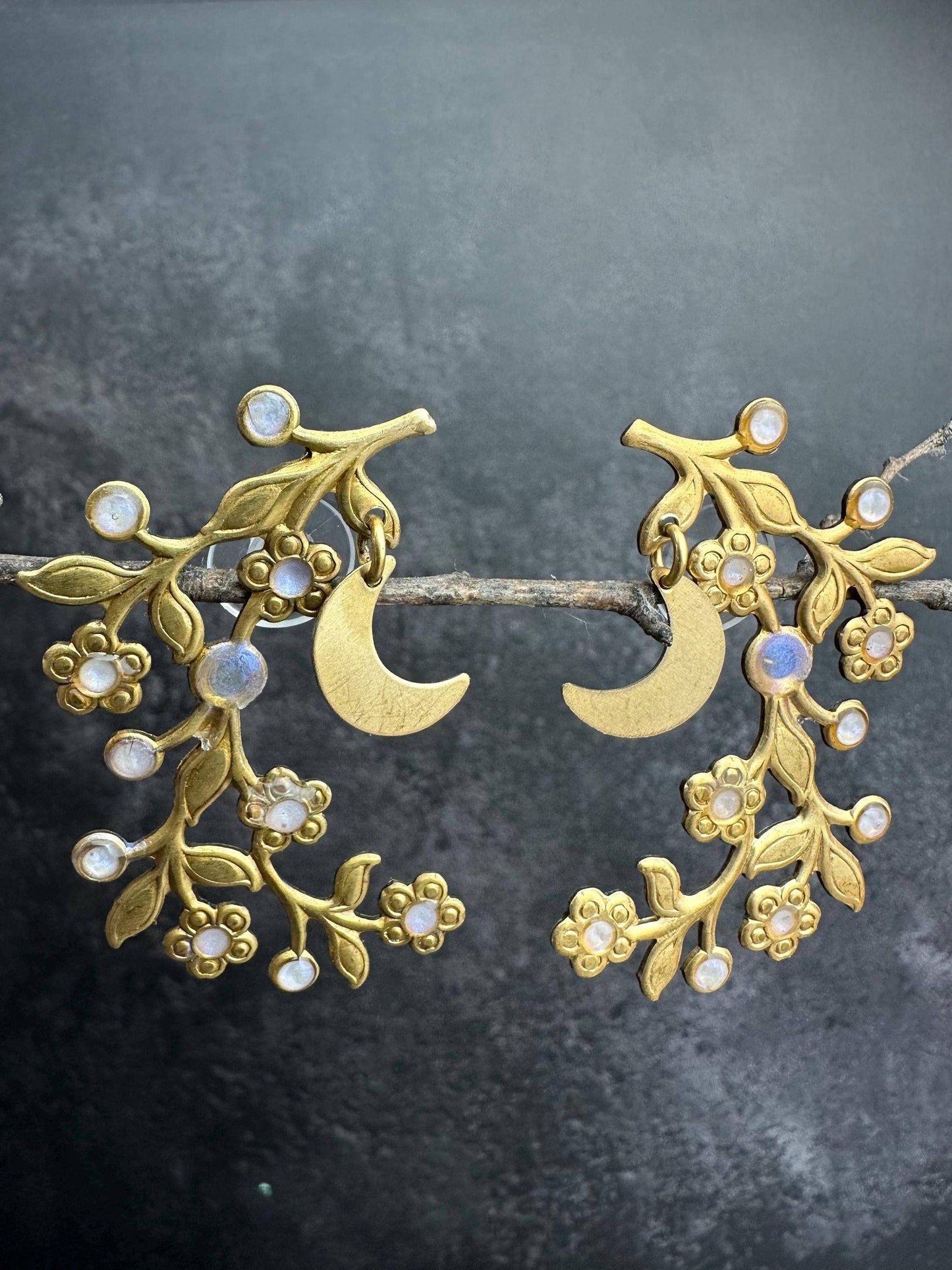 Botanical Branch Crescent Earrings, Iridescent Resin Detail