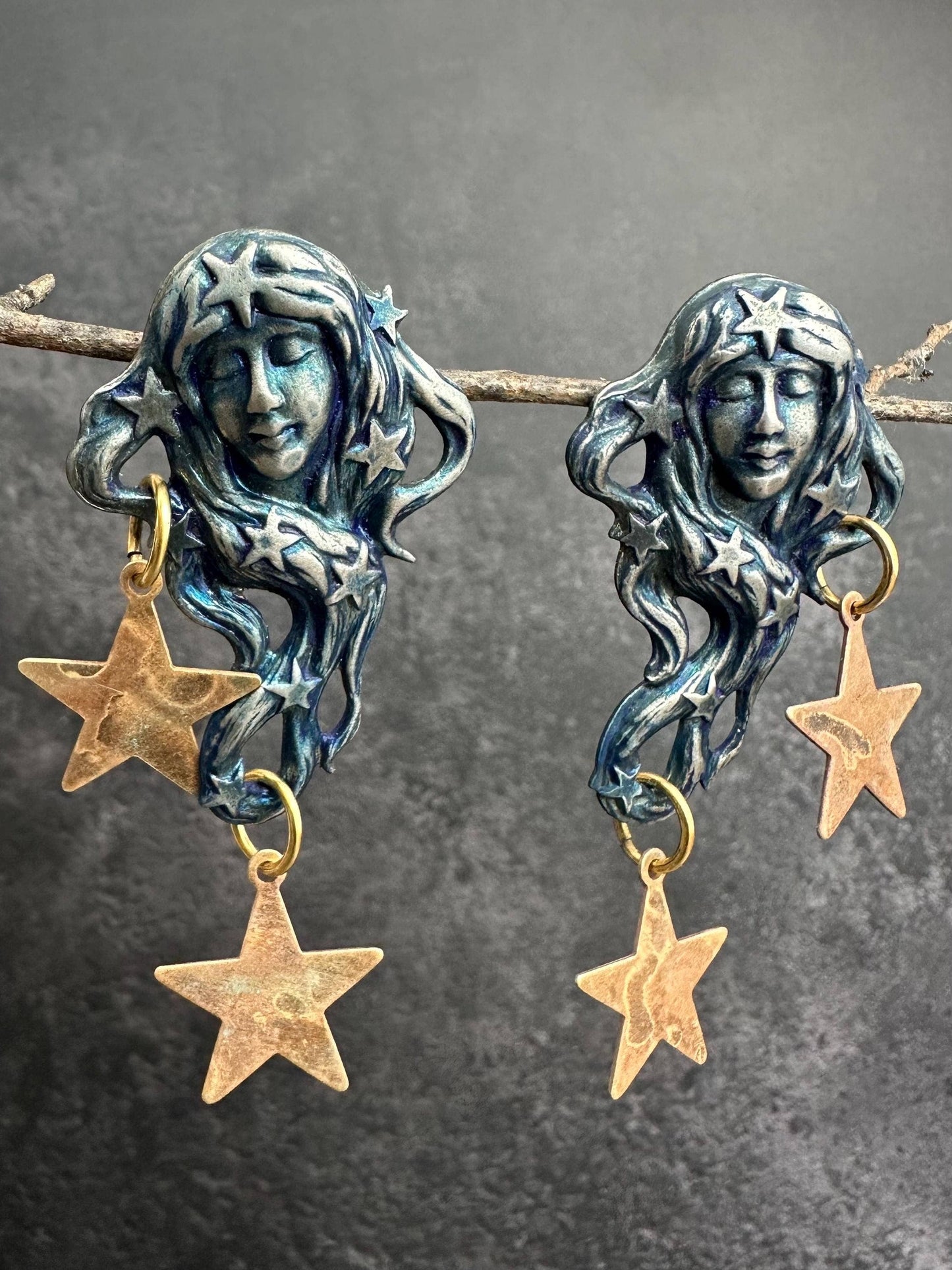 Star Maiden Earrings, Patina Face, Cosmic Goddess Statement