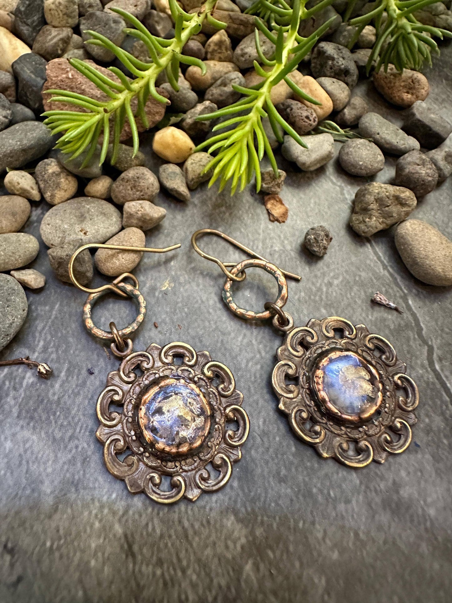 Dewdrop Garden Earrings - Brass with Iridescent Resin Detail