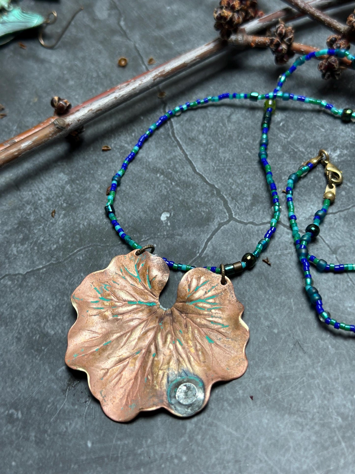 Waterlily Necklace - Handmade Beaded Soldered Brass Hand Patina Finish