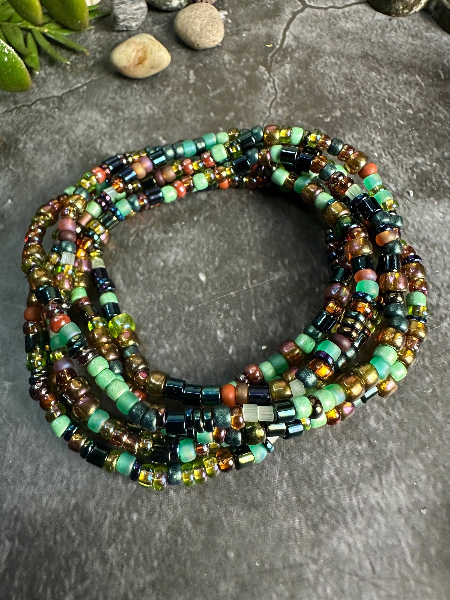Seed Bead Wrap Bracelet - Earthy Green Copper