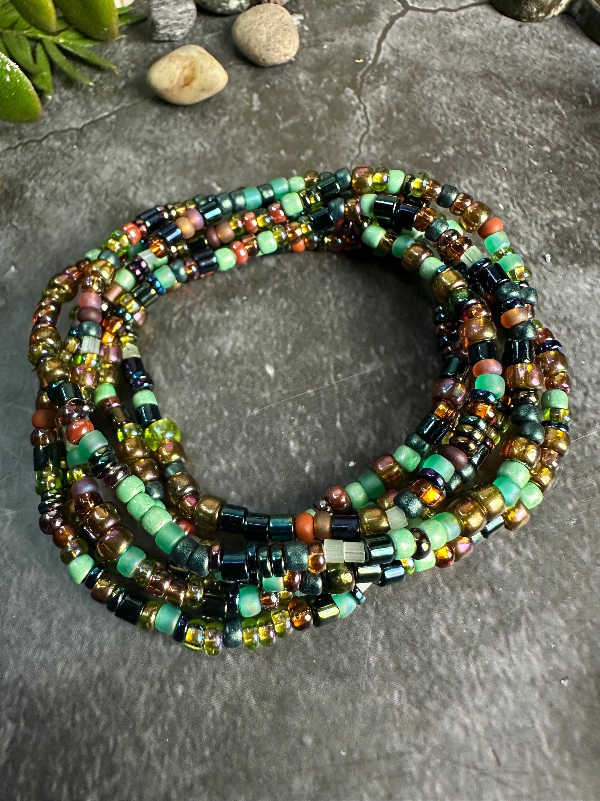 Seed Bead Wrap Bracelet - Earthy Green Copper