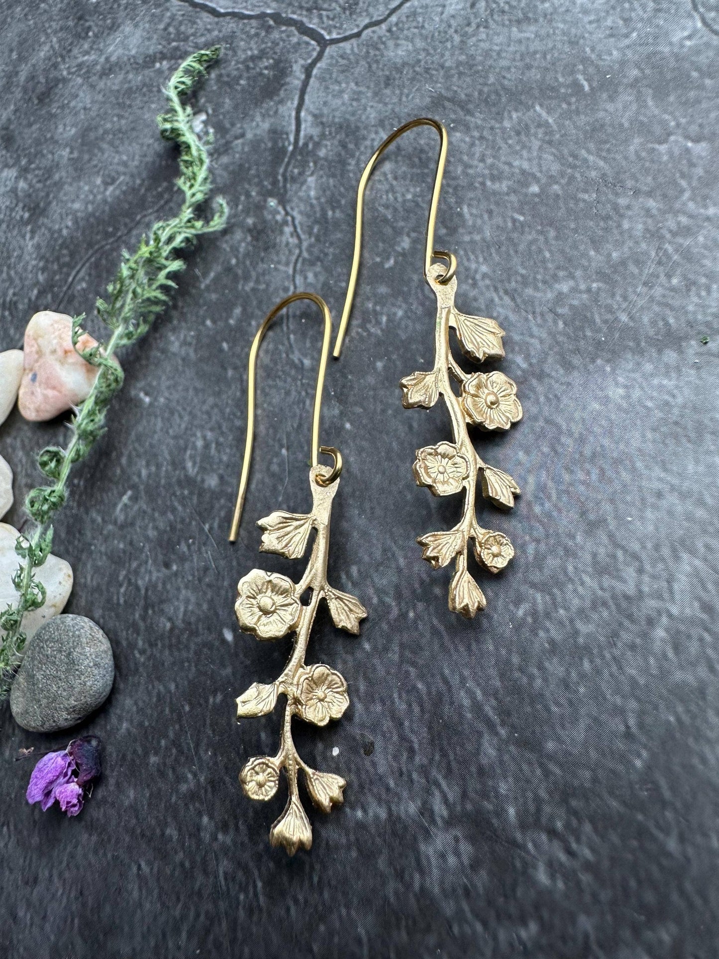 Wildflower Branch Earrings, Botanical Dangle, Brass , Nature